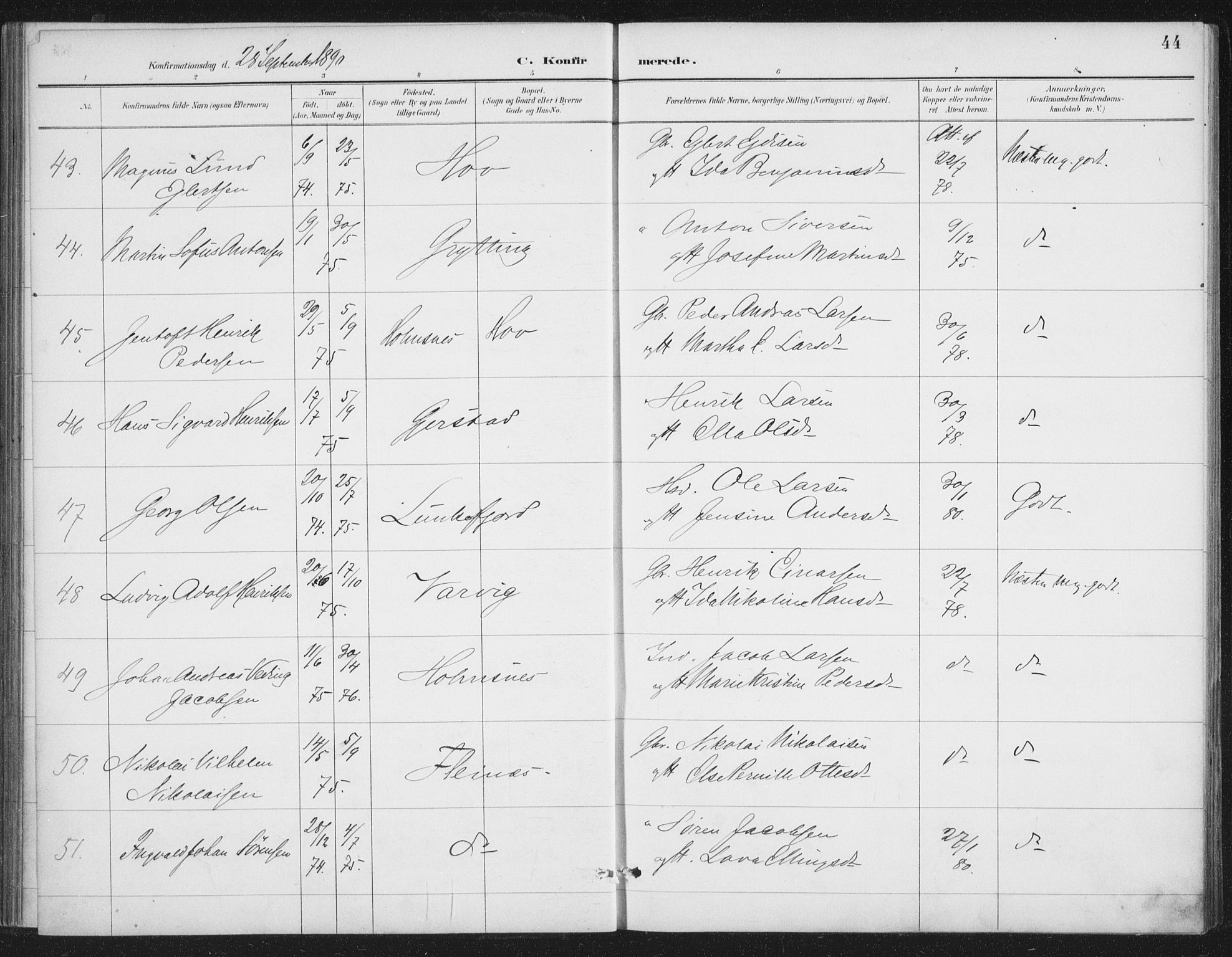 Ministerialprotokoller, klokkerbøker og fødselsregistre - Nordland, AV/SAT-A-1459/888/L1245: Parish register (official) no. 888A11, 1888-1900, p. 44