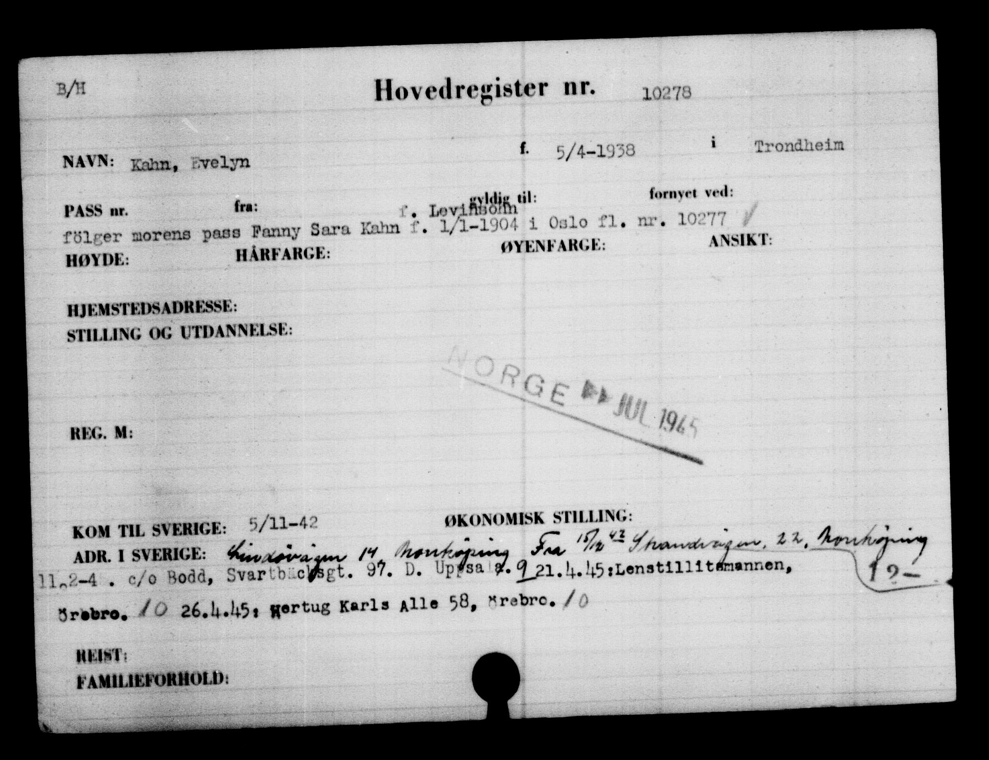Utenriksstasjonene, Legasjonen i Stockholm, Flyktningkontoret, AV/RA-S-6753/V/Va/L0006: Kjesäterkartoteket, flyktninger med registreringsnr. 9400-12711, 1940-1945, p. 1009