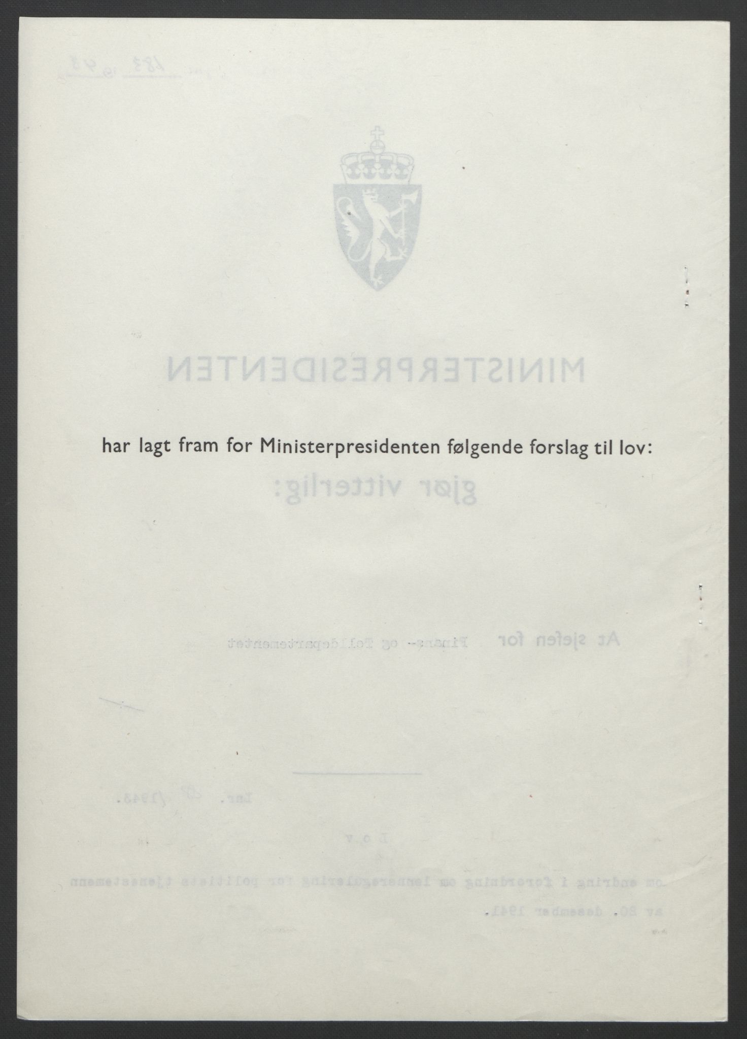 NS-administrasjonen 1940-1945 (Statsrådsekretariatet, de kommisariske statsråder mm), AV/RA-S-4279/D/Db/L0099: Lover, 1943, p. 401