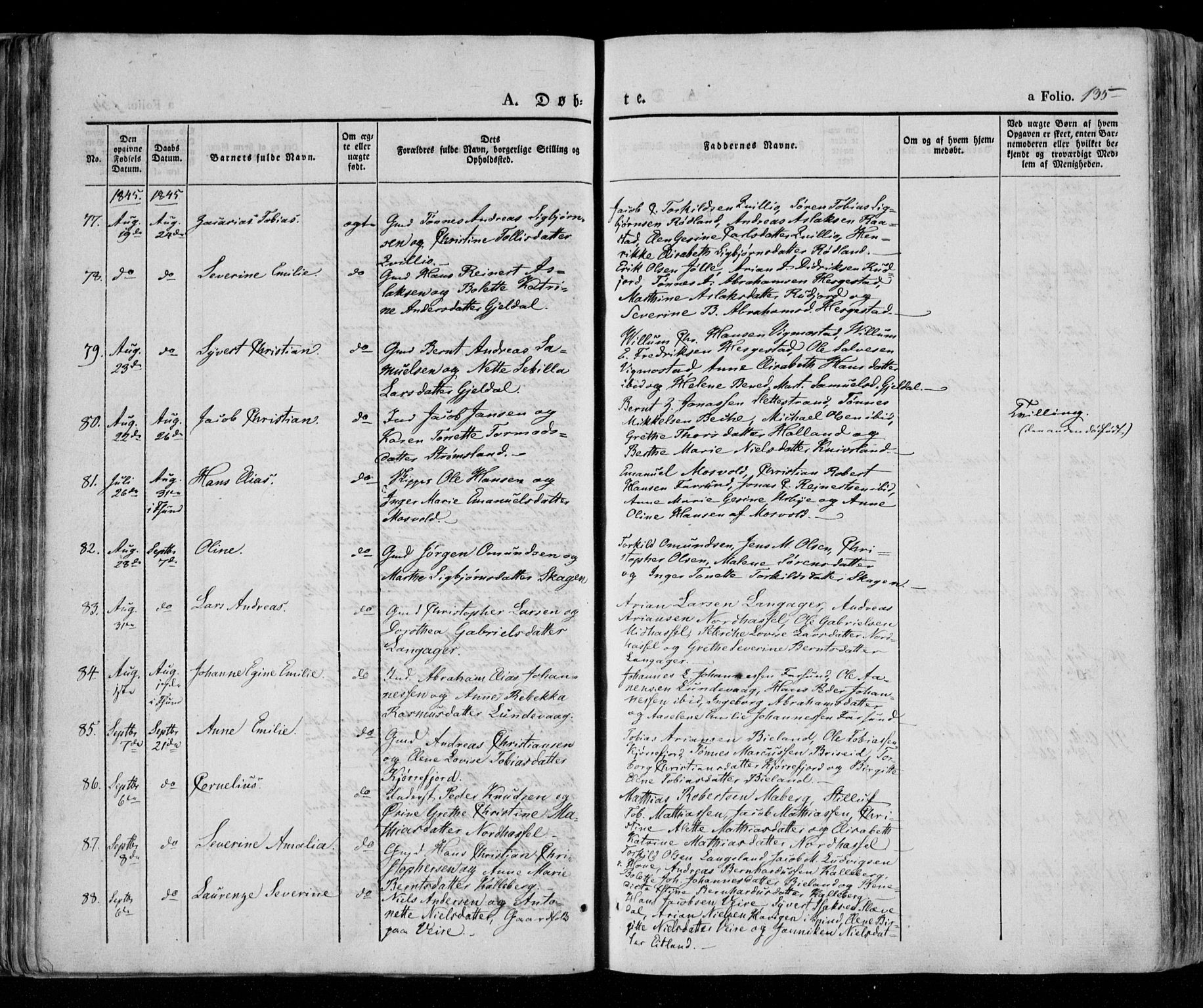 Lista sokneprestkontor, AV/SAK-1111-0027/F/Fa/L0009: Parish register (official) no. A 9, 1835-1846, p. 135