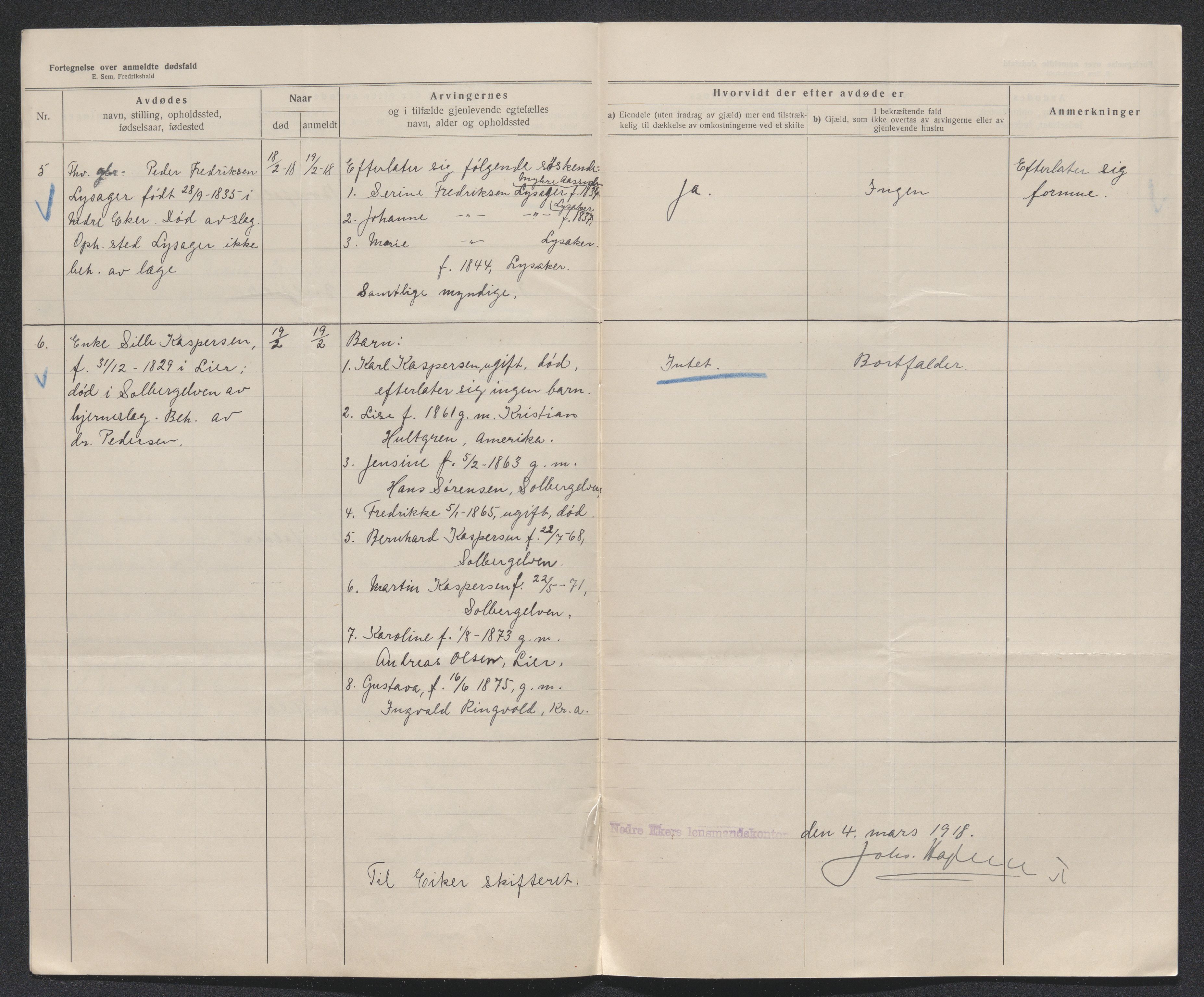 Eiker, Modum og Sigdal sorenskriveri, AV/SAKO-A-123/H/Ha/Hab/L0039: Dødsfallsmeldinger, 1918-1919, p. 12