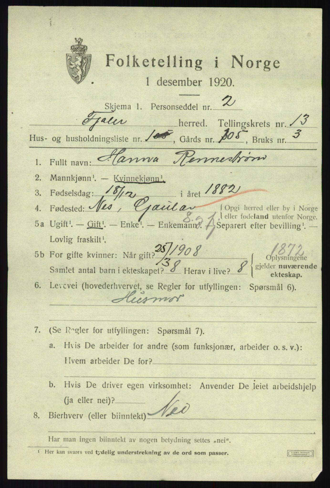 SAB, 1920 census for Fjaler, 1920, p. 7195