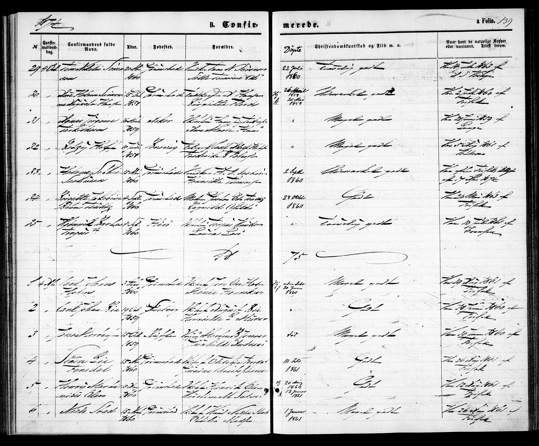 Grimstad sokneprestkontor, SAK/1111-0017/F/Fa/L0002: Parish register (official) no. A 1, 1869-1881, p. 139
