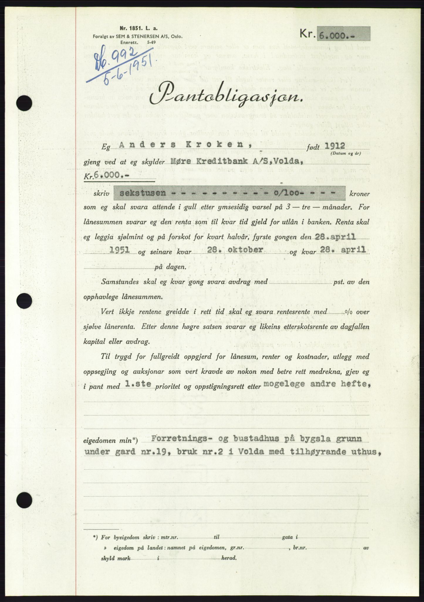 Søre Sunnmøre sorenskriveri, AV/SAT-A-4122/1/2/2C/L0120: Mortgage book no. 8B, 1951-1951, Diary no: : 992/1951