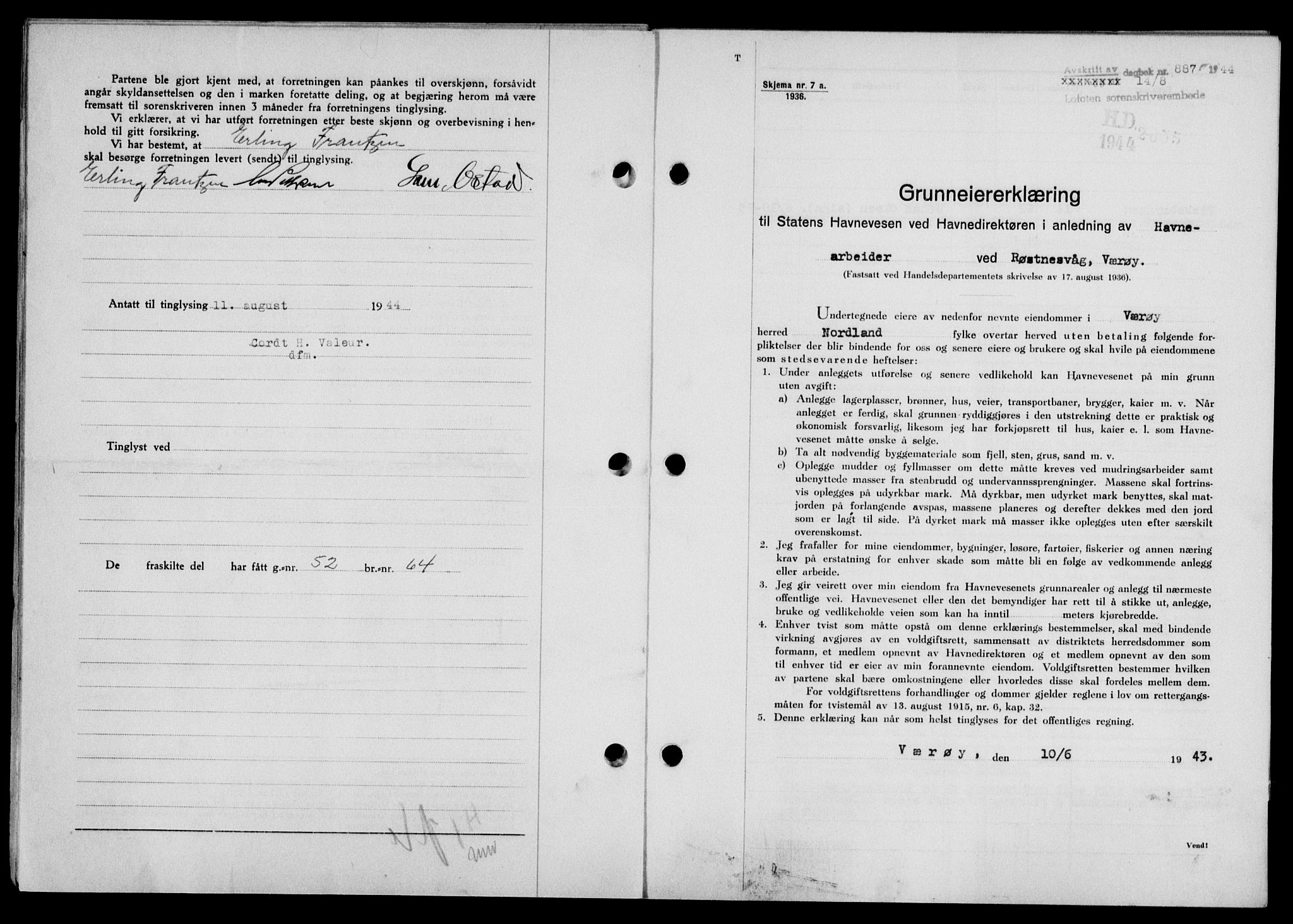 Lofoten sorenskriveri, SAT/A-0017/1/2/2C/L0012a: Mortgage book no. 12a, 1943-1944, Diary no: : 887/1944