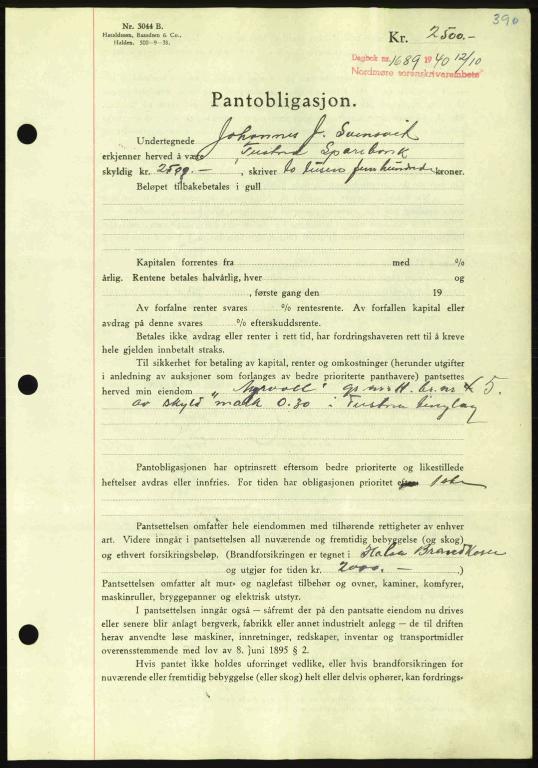 Nordmøre sorenskriveri, AV/SAT-A-4132/1/2/2Ca: Mortgage book no. B87, 1940-1941, Diary no: : 1689/1940