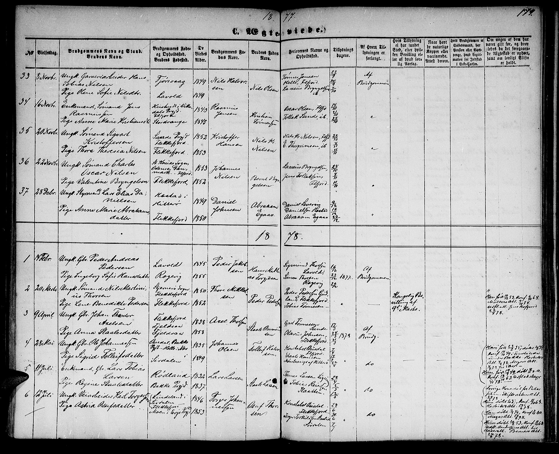 Flekkefjord sokneprestkontor, SAK/1111-0012/F/Fb/Fbc/L0006: Parish register (copy) no. B 6, 1866-1879, p. 179