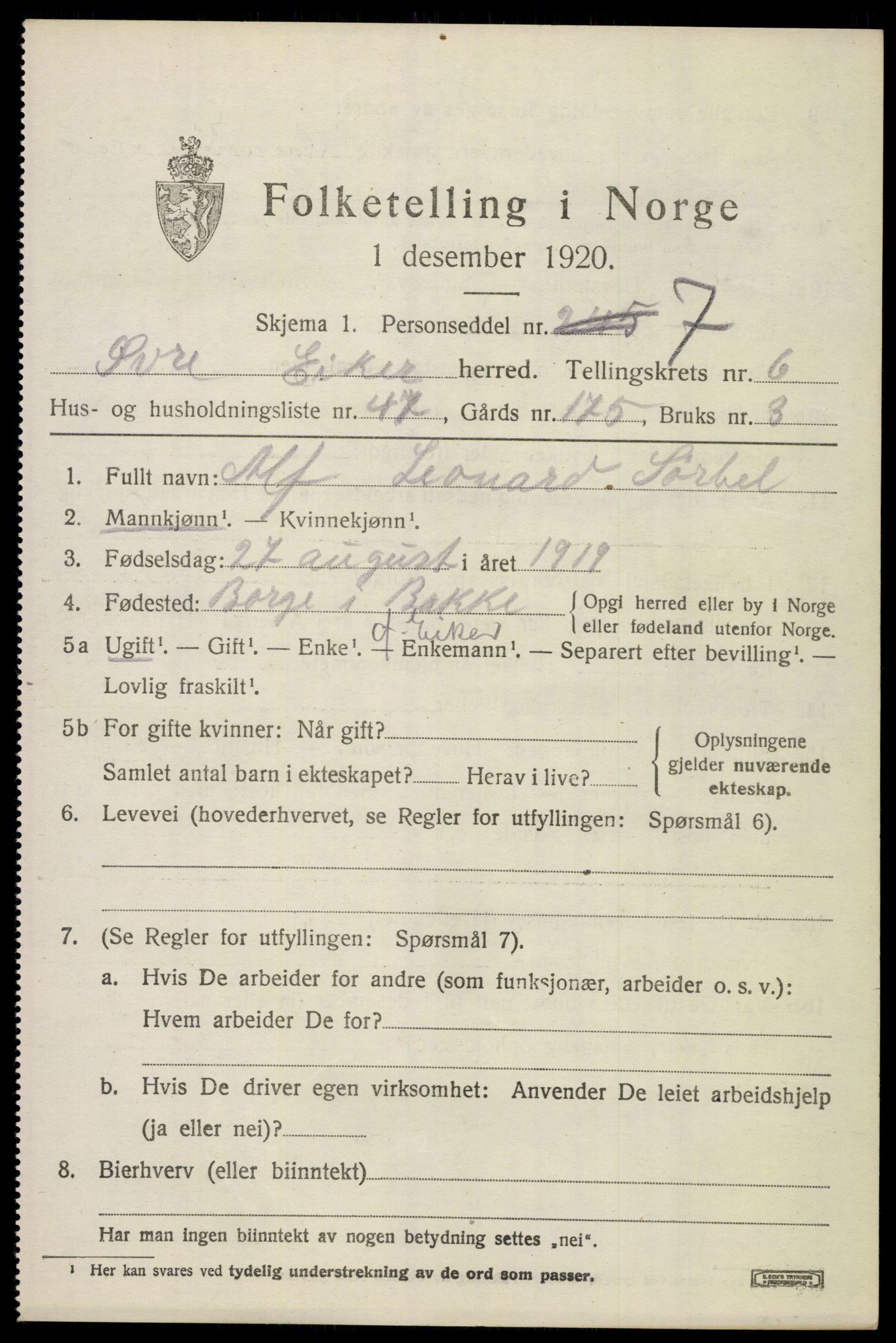 SAKO, 1920 census for Øvre Eiker, 1920, p. 13260