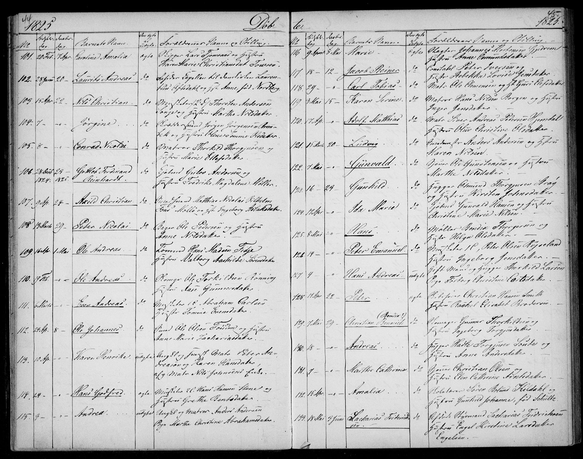 Kristiansand domprosti, SAK/1112-0006/F/Fb/L0002: Parish register (copy) no. B 2, 1822-1825, p. 44-45