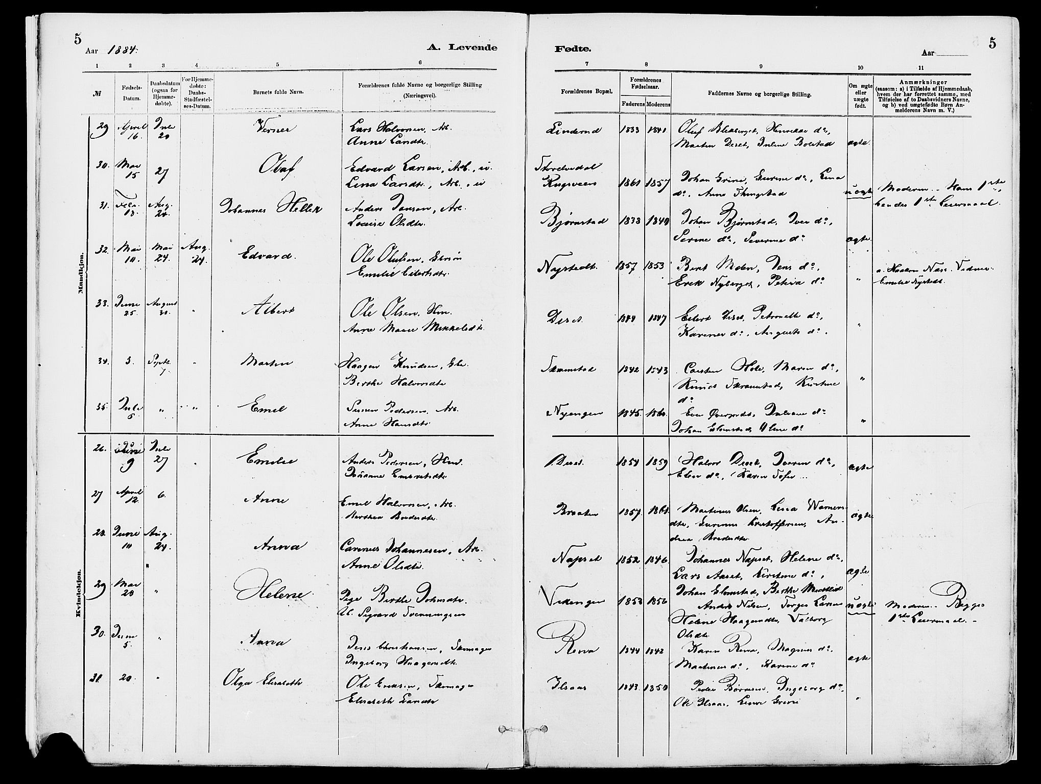 Åmot prestekontor, Hedmark, AV/SAH-PREST-056/H/Ha/Haa/L0010: Parish register (official) no. 10, 1884-1889, p. 5