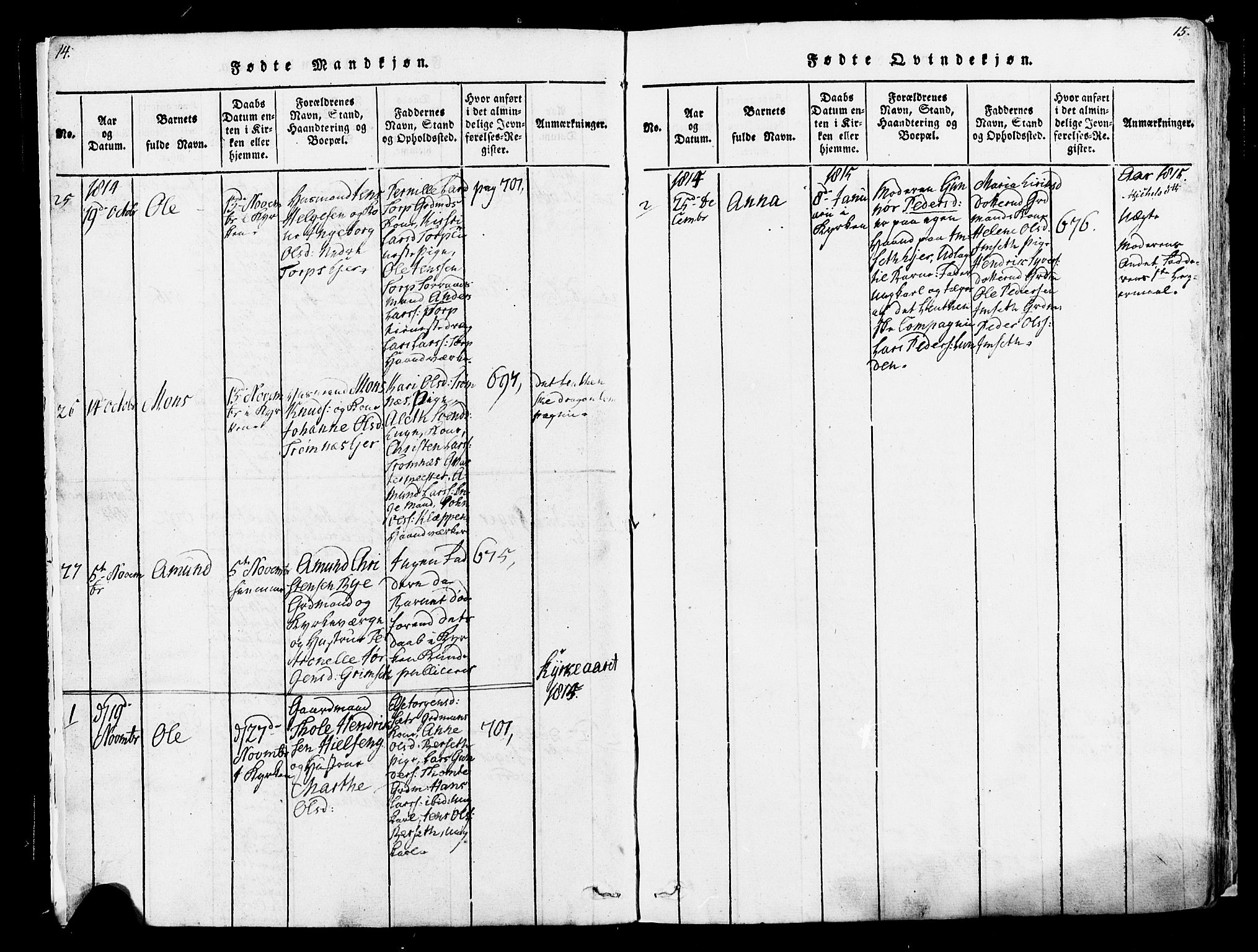 Løten prestekontor, SAH/PREST-022/K/Ka/L0005: Parish register (official) no. 5, 1814-1832, p. 14-15