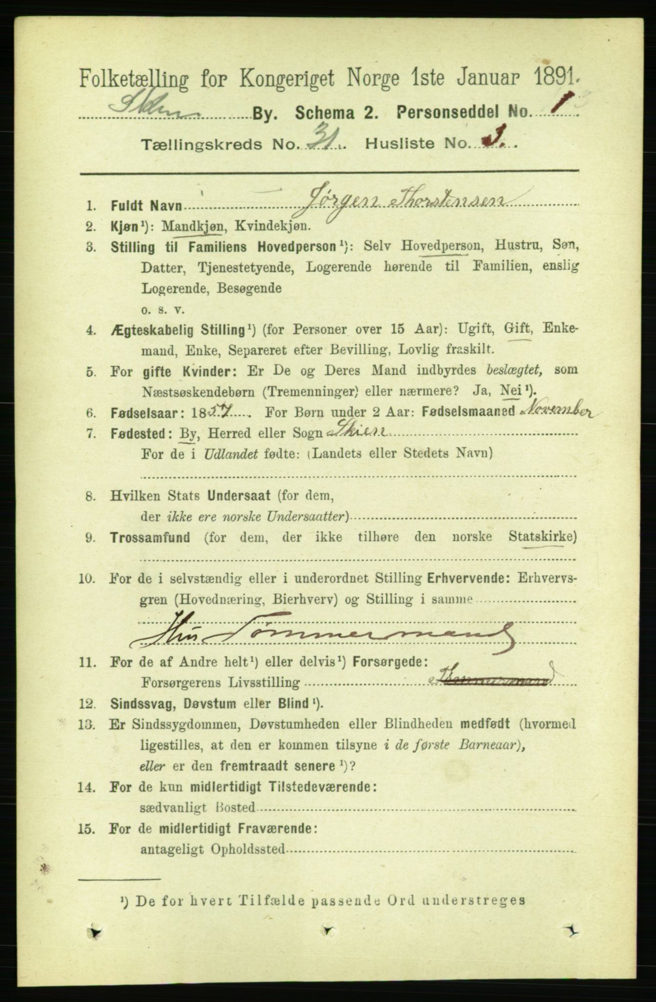 RA, 1891 census for 0806 Skien, 1891, p. 7046