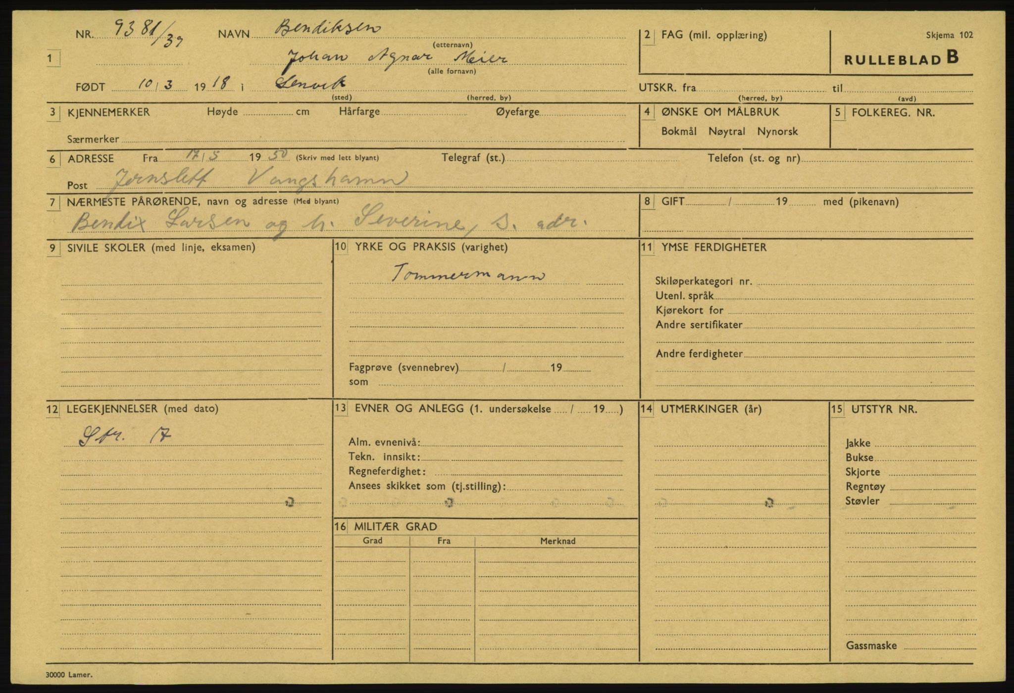 Forsvaret, Troms infanteriregiment nr. 16, AV/RA-RAFA-3146/P/Pa/L0023: Rulleblad for regimentets menige mannskaper, årsklasse 1939, 1939, p. 99