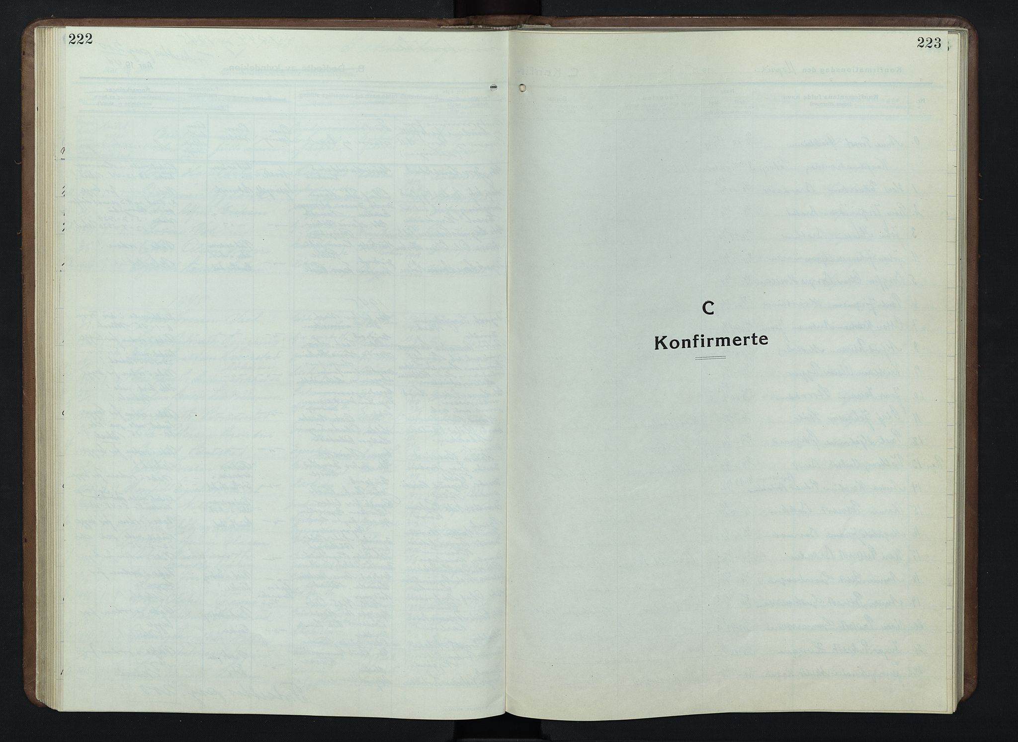 Nord-Fron prestekontor, SAH/PREST-080/H/Ha/Hab/L0007: Parish register (copy) no. 7, 1915-1946, p. 222-223
