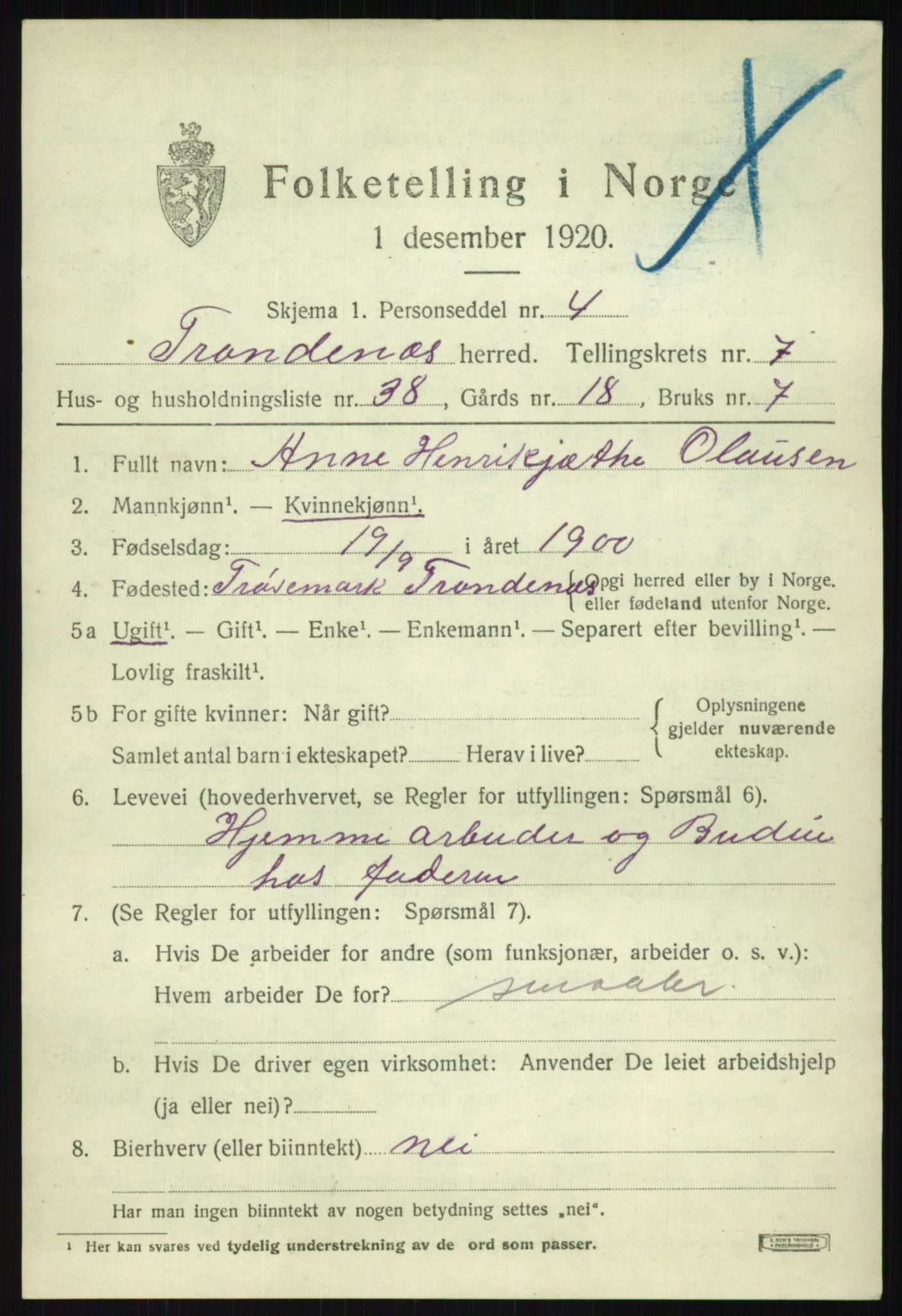 SATØ, 1920 census for Trondenes, 1920, p. 6897