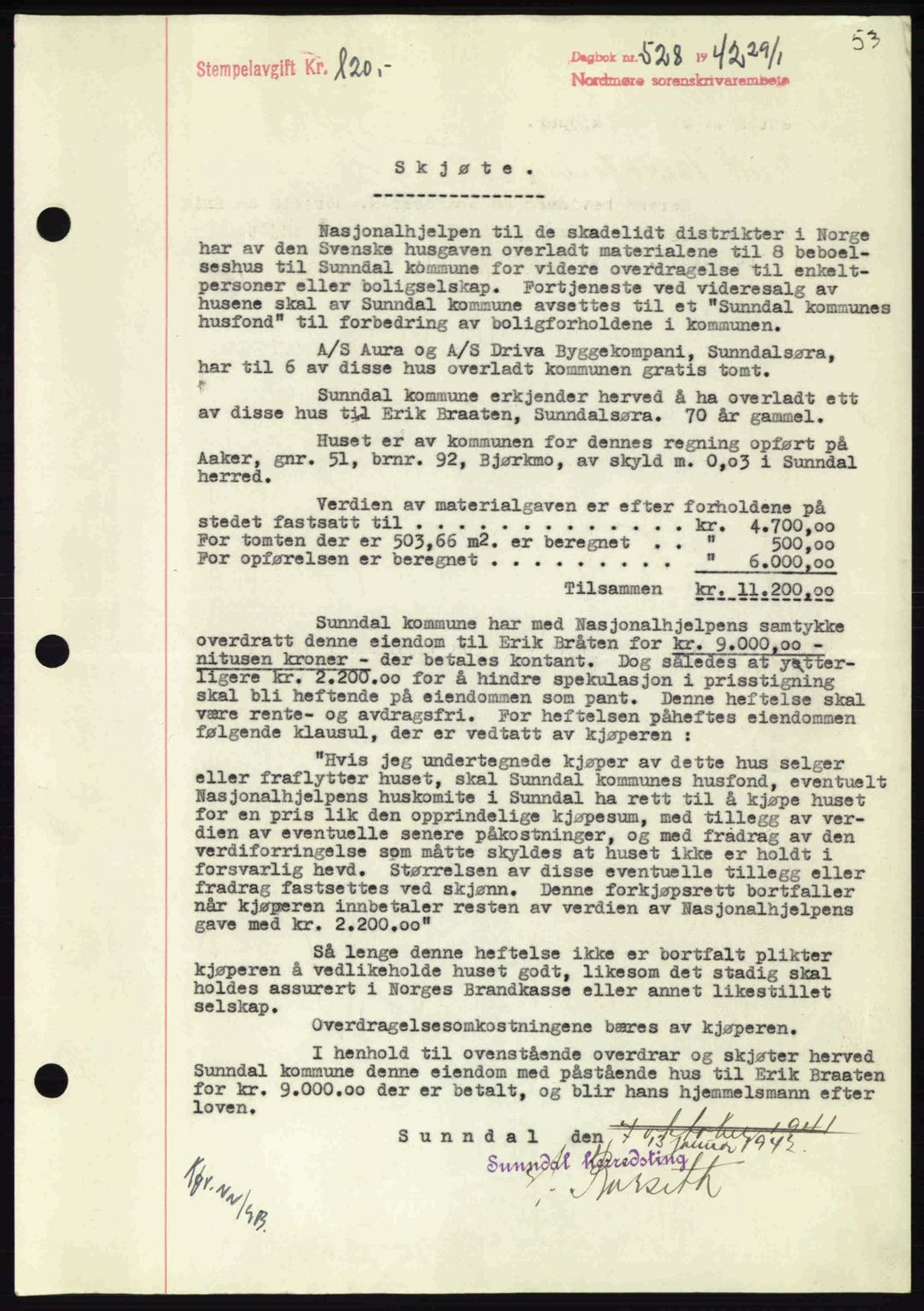 Nordmøre sorenskriveri, AV/SAT-A-4132/1/2/2Ca: Mortgage book no. A92, 1942-1942, Diary no: : 528/1942