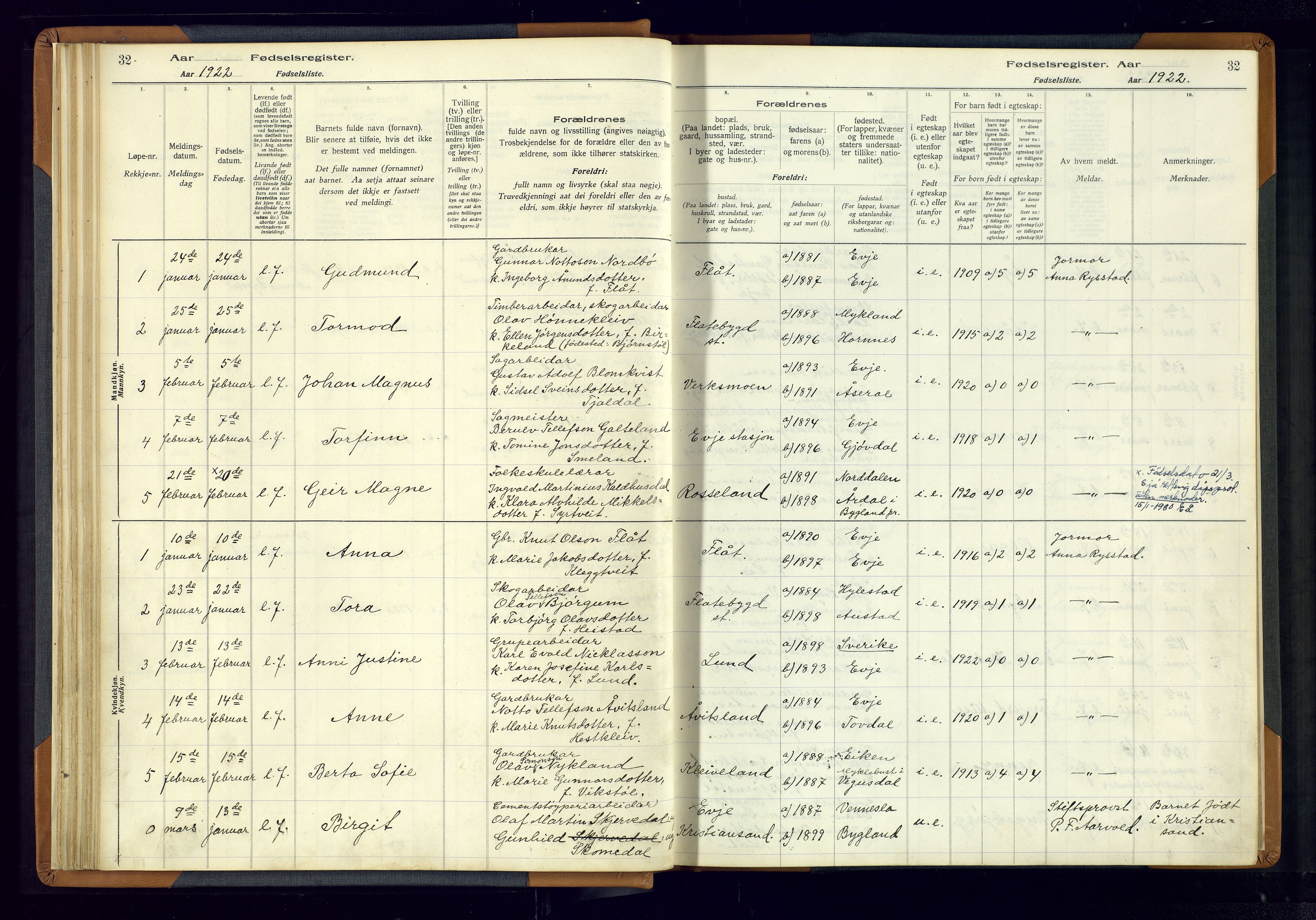 Evje sokneprestkontor, AV/SAK-1111-0008/J/Jc/L0004: Birth register no. 4, 1916-1968, p. 32