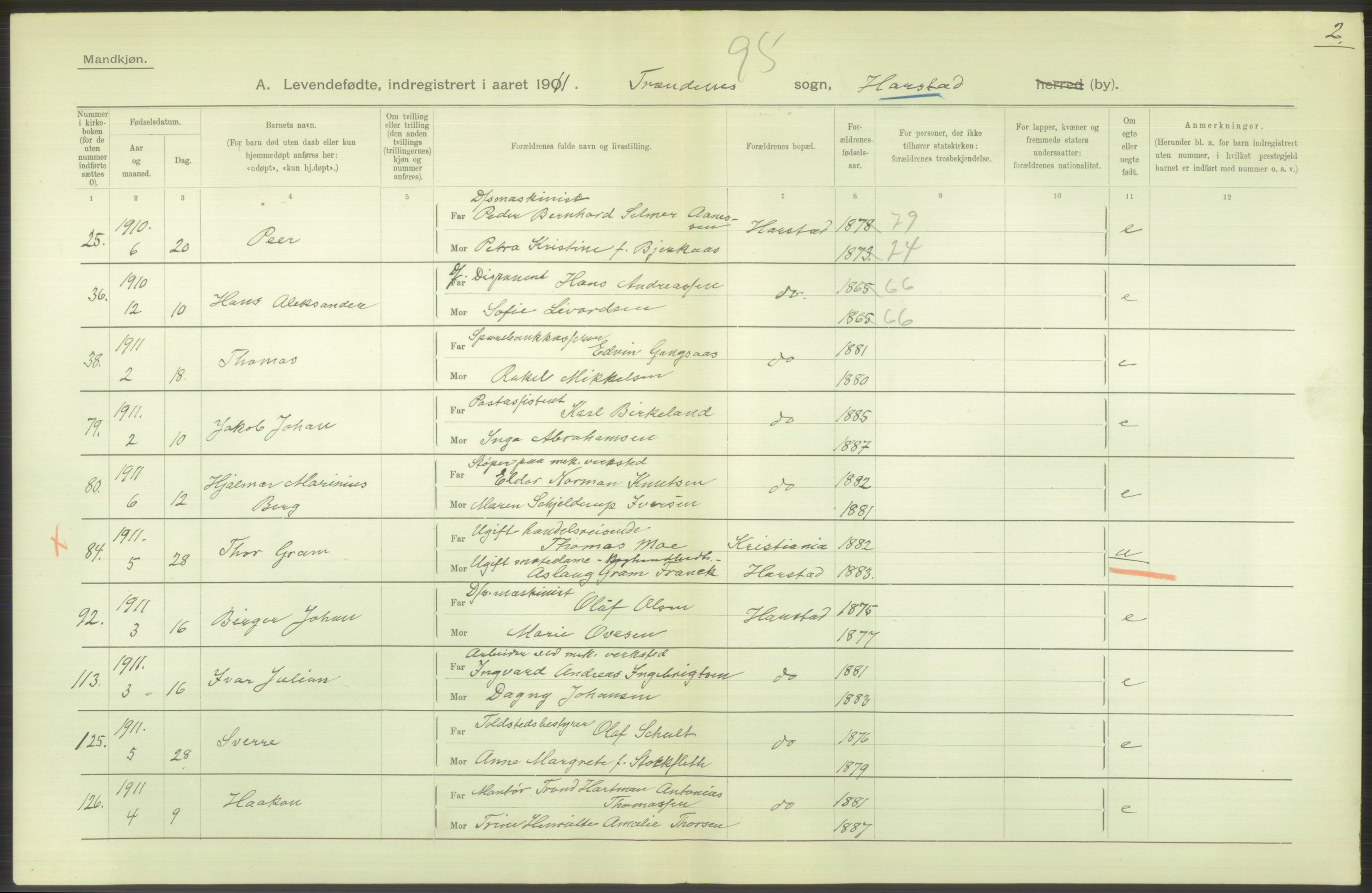 Statistisk sentralbyrå, Sosiodemografiske emner, Befolkning, RA/S-2228/D/Df/Dfb/Dfba/L0047: Tromsø amt:  Levendefødte menn og kvinner. Bygder og byer., 1911, p. 56