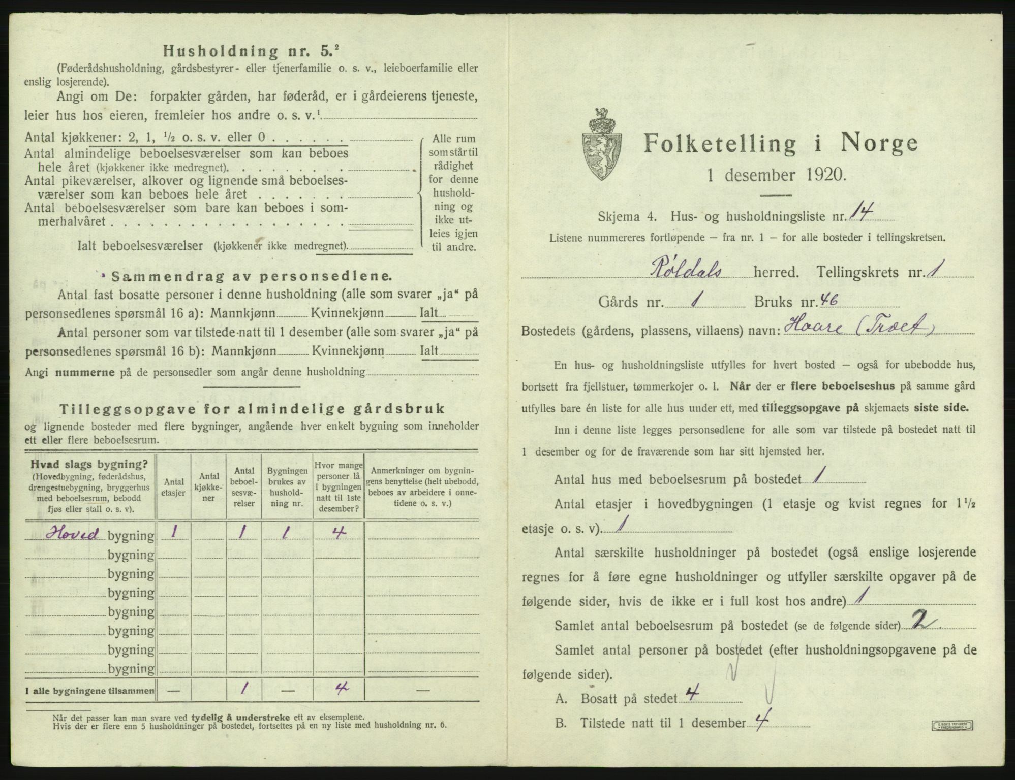 SAB, 1920 census for Røldal, 1920, p. 41
