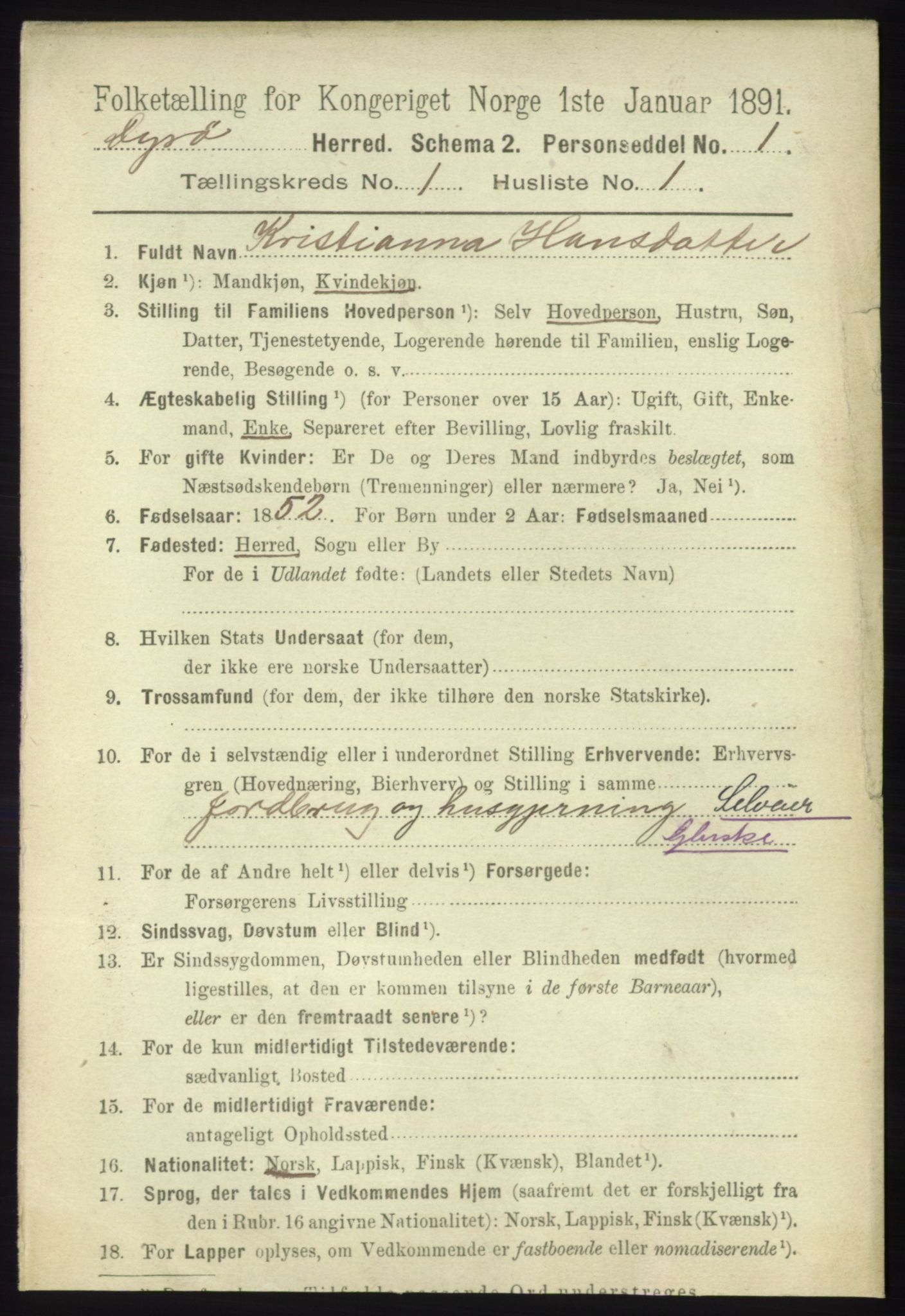 RA, 1891 census for 1926 Dyrøy, 1891, p. 72