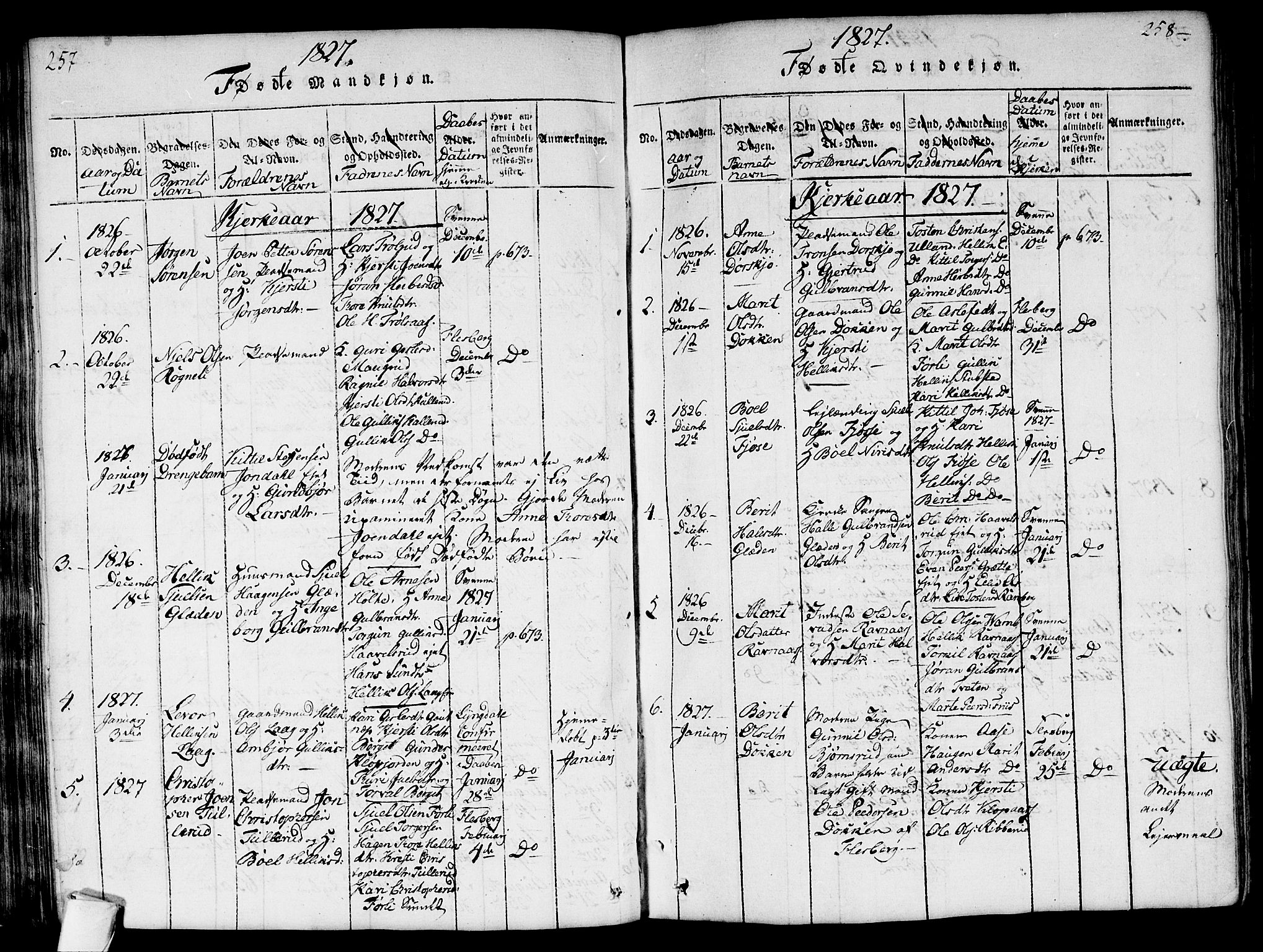 Flesberg kirkebøker, SAKO/A-18/G/Ga/L0001: Parish register (copy) no. I 1, 1816-1834, p. 257-258