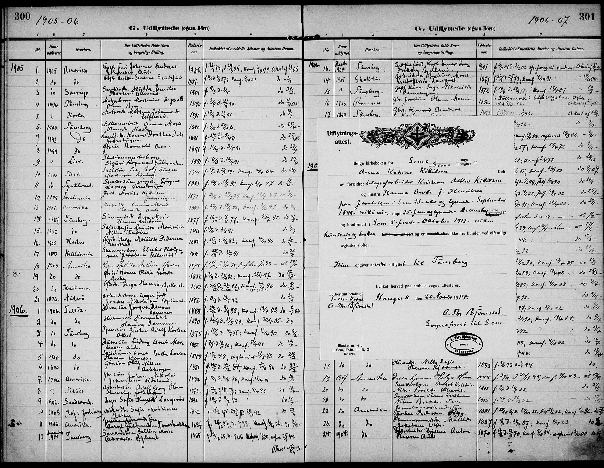 Sem kirkebøker, SAKO/A-5/F/Fa/L0012: Parish register (official) no. I 12, 1905-1915, p. 300-301