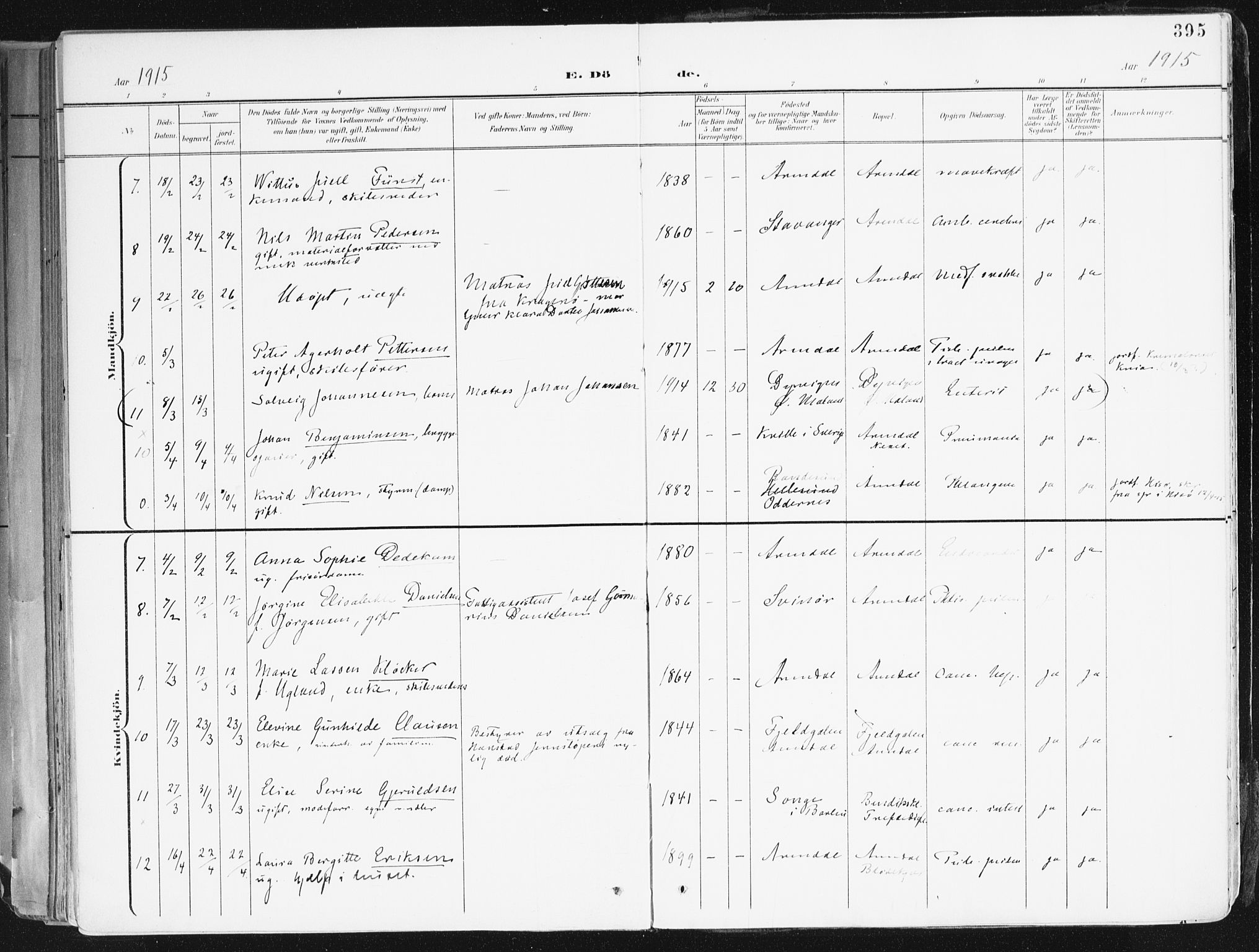 Arendal sokneprestkontor, Trefoldighet, AV/SAK-1111-0040/F/Fa/L0010: Parish register (official) no. A 10, 1900-1919, p. 395