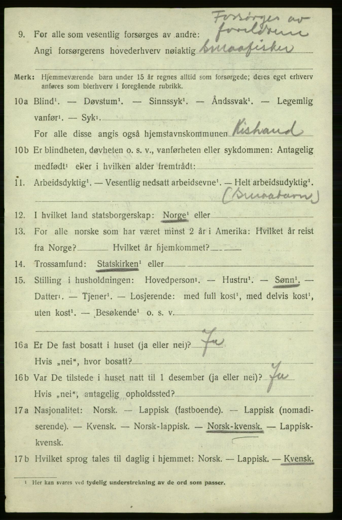 SATØ, 1920 census for Kistrand, 1920, p. 4253