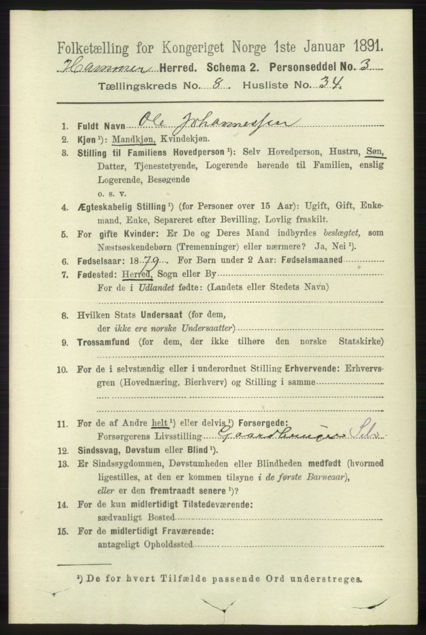 RA, 1891 census for 1254 Hamre, 1891, p. 2212