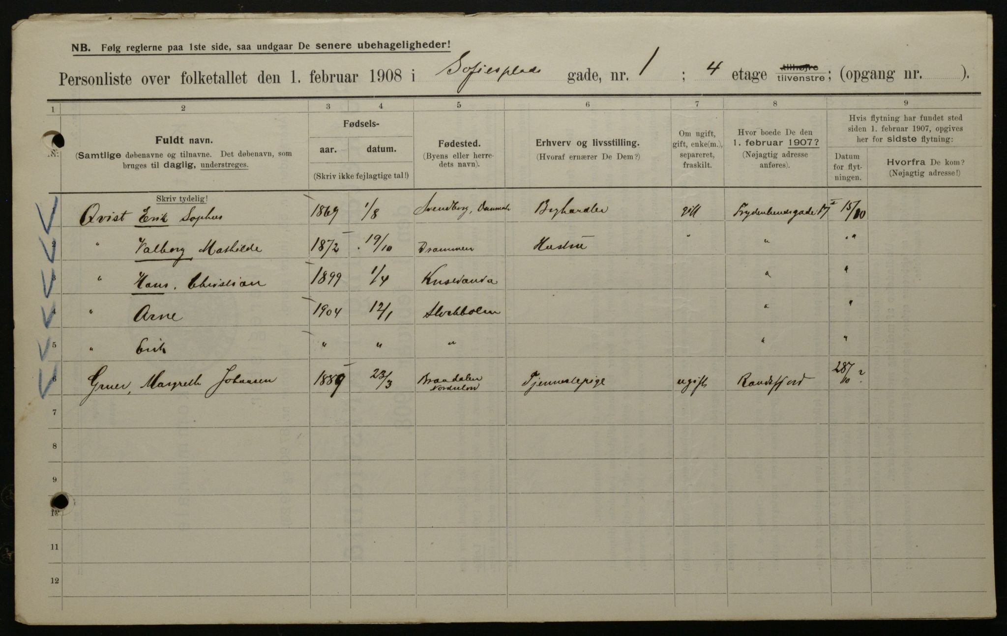 OBA, Municipal Census 1908 for Kristiania, 1908, p. 89515