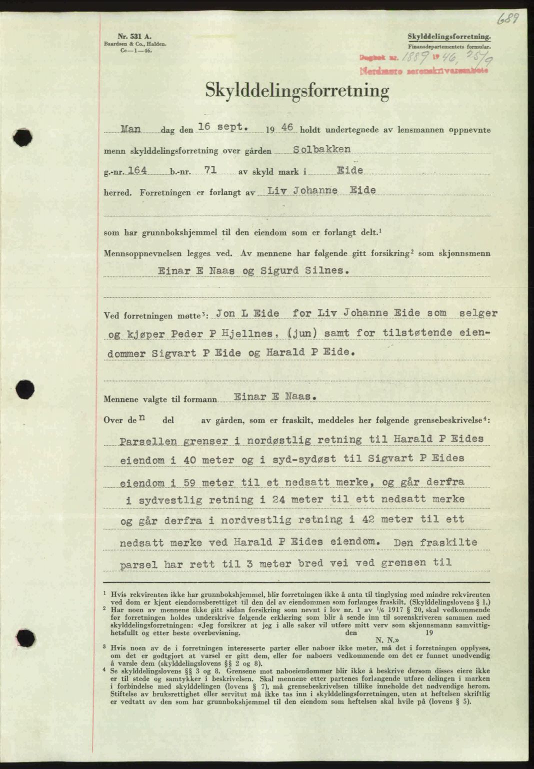 Nordmøre sorenskriveri, AV/SAT-A-4132/1/2/2Ca: Mortgage book no. A102, 1946-1946, Diary no: : 1889/1946