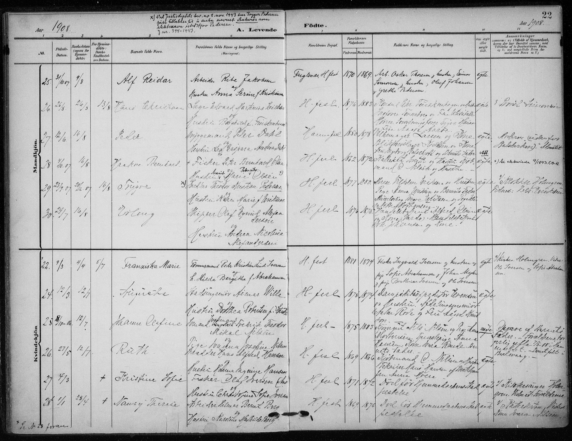 Hammerfest sokneprestkontor, AV/SATØ-S-1347/H/Ha/L0014.kirke: Parish register (official) no. 14, 1906-1916, p. 22