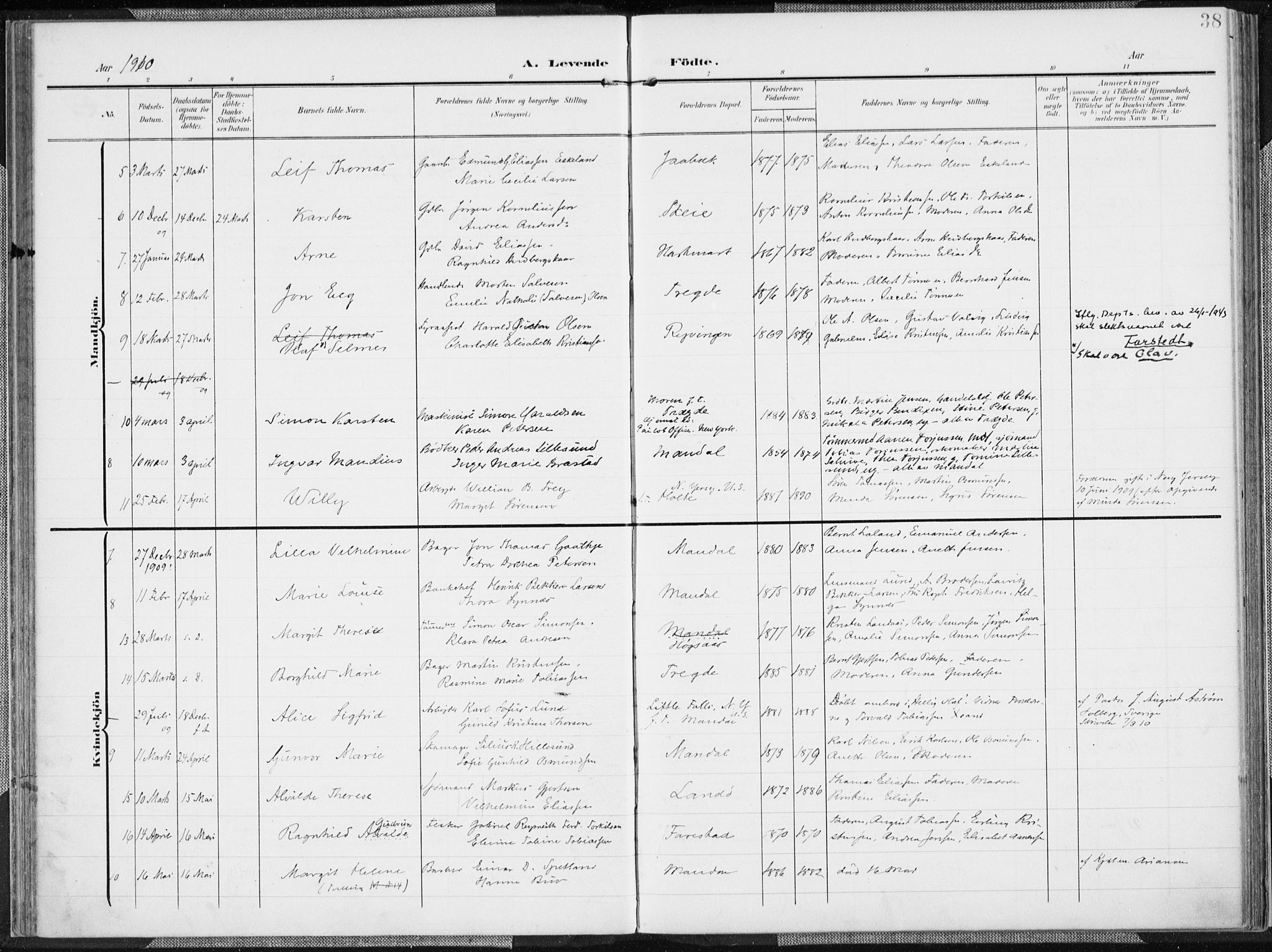 Mandal sokneprestkontor, AV/SAK-1111-0030/F/Fa/Faa/L0020: Parish register (official) no. A 20, 1906-1912, p. 38