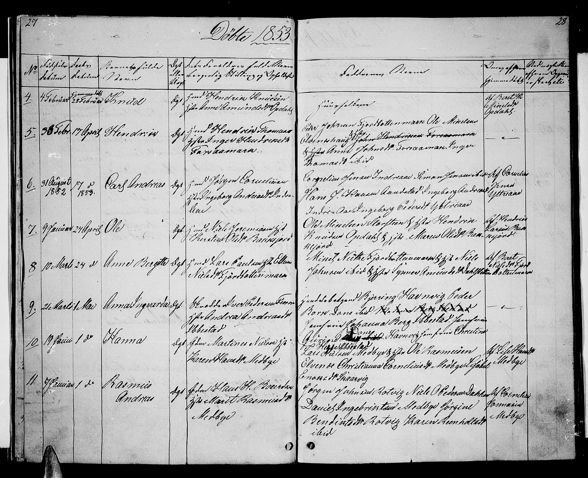 Ibestad sokneprestembete, SATØ/S-0077/H/Ha/Hab/L0004klokker: Parish register (copy) no. 4, 1852-1860, p. 27-28