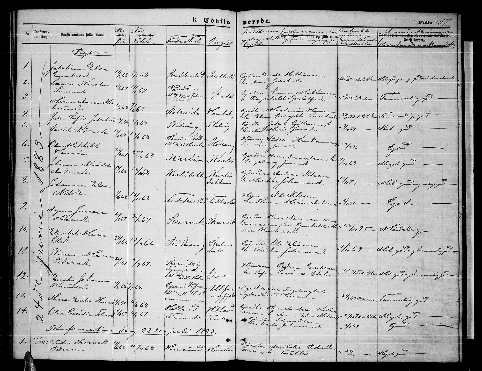 Ministerialprotokoller, klokkerbøker og fødselsregistre - Nordland, AV/SAT-A-1459/859/L0858: Parish register (copy) no. 859C04, 1873-1886, p. 157