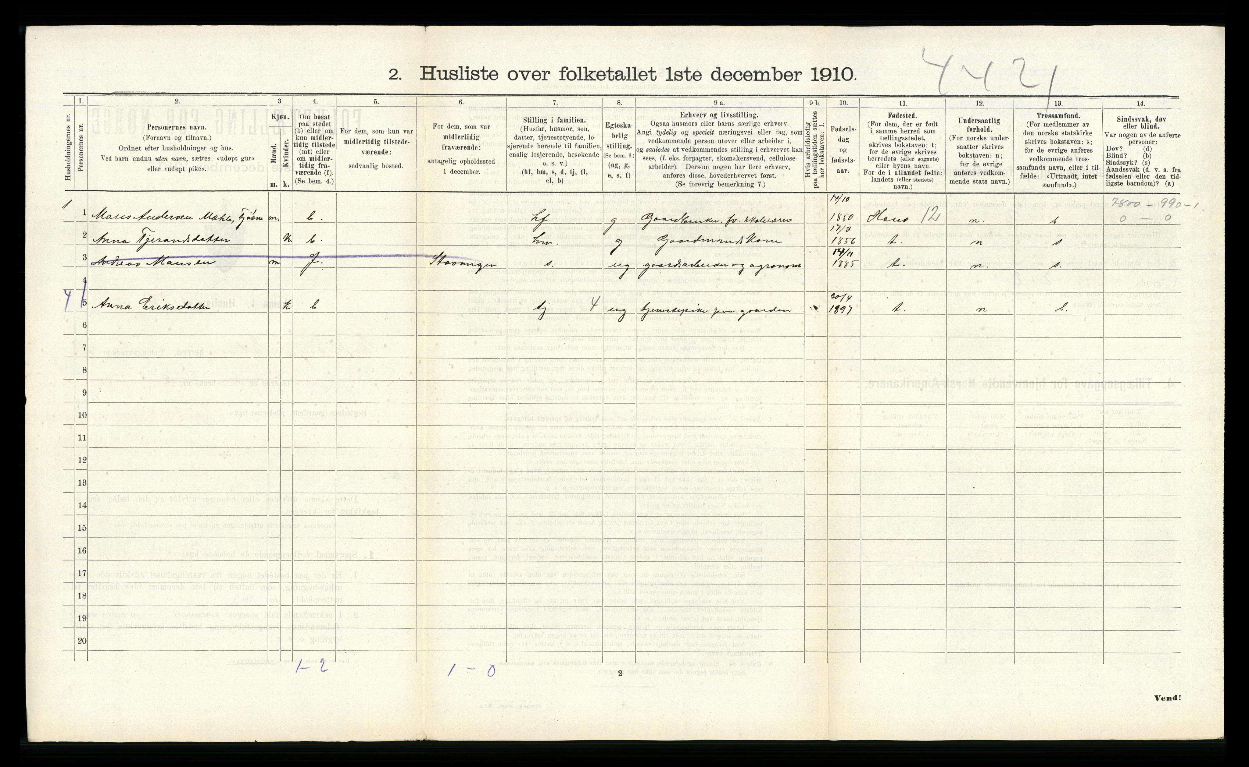 RA, 1910 census for Etne, 1910, p. 105