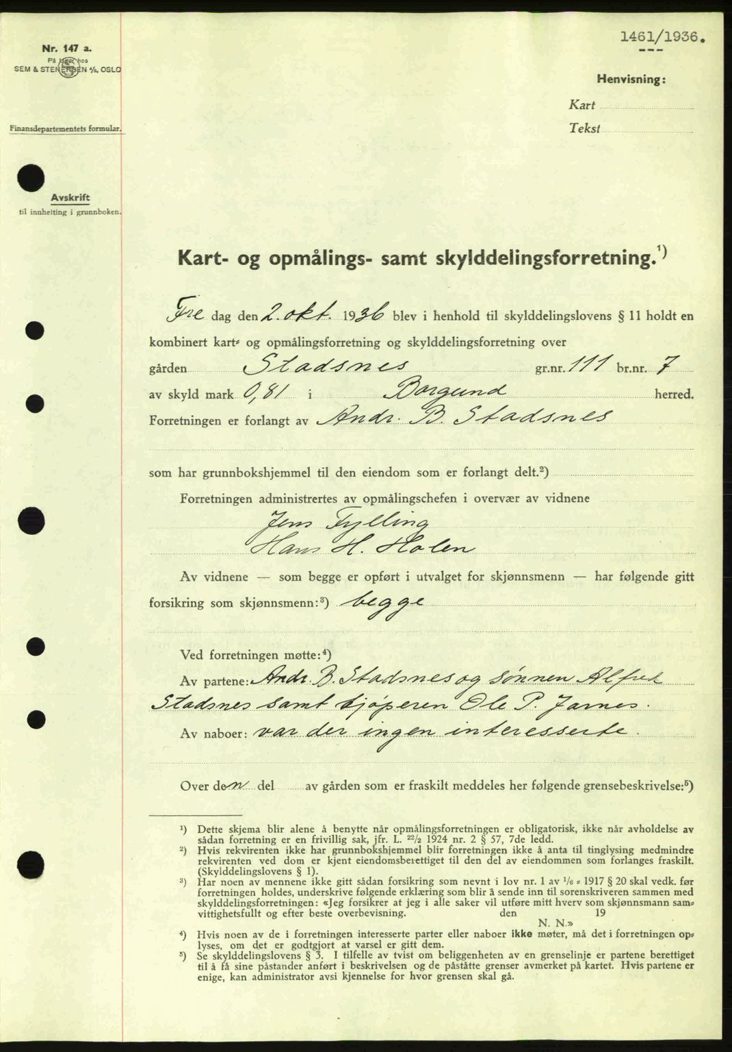 Nordre Sunnmøre sorenskriveri, AV/SAT-A-0006/1/2/2C/2Ca: Mortgage book no. A2, 1936-1937, Diary no: : 1461/1936