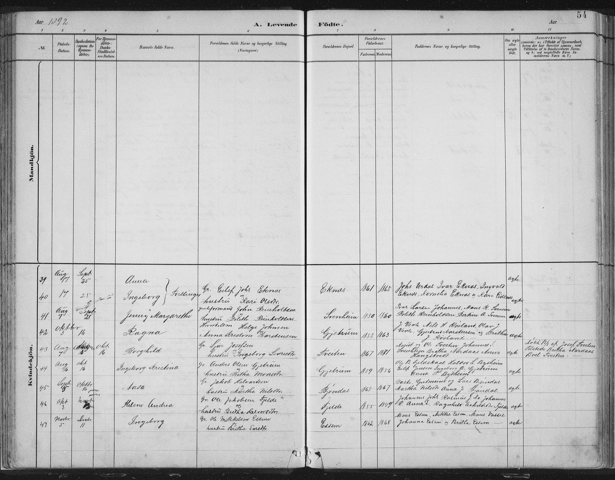 Hosanger sokneprestembete, SAB/A-75801/H/Hab: Parish register (copy) no. A 3 I, 1882-1903, p. 54