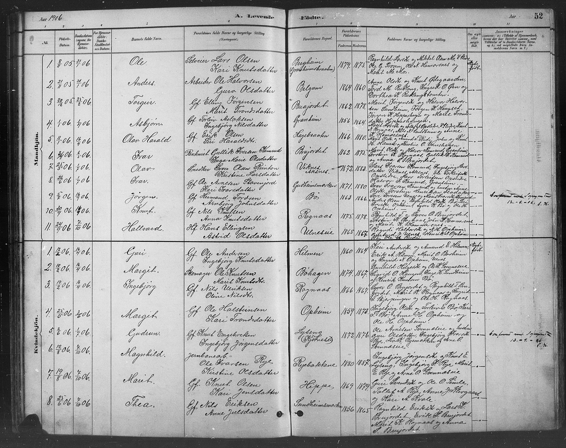 Nord-Aurdal prestekontor, SAH/PREST-132/H/Ha/Hab/L0008: Parish register (copy) no. 8, 1883-1916, p. 52
