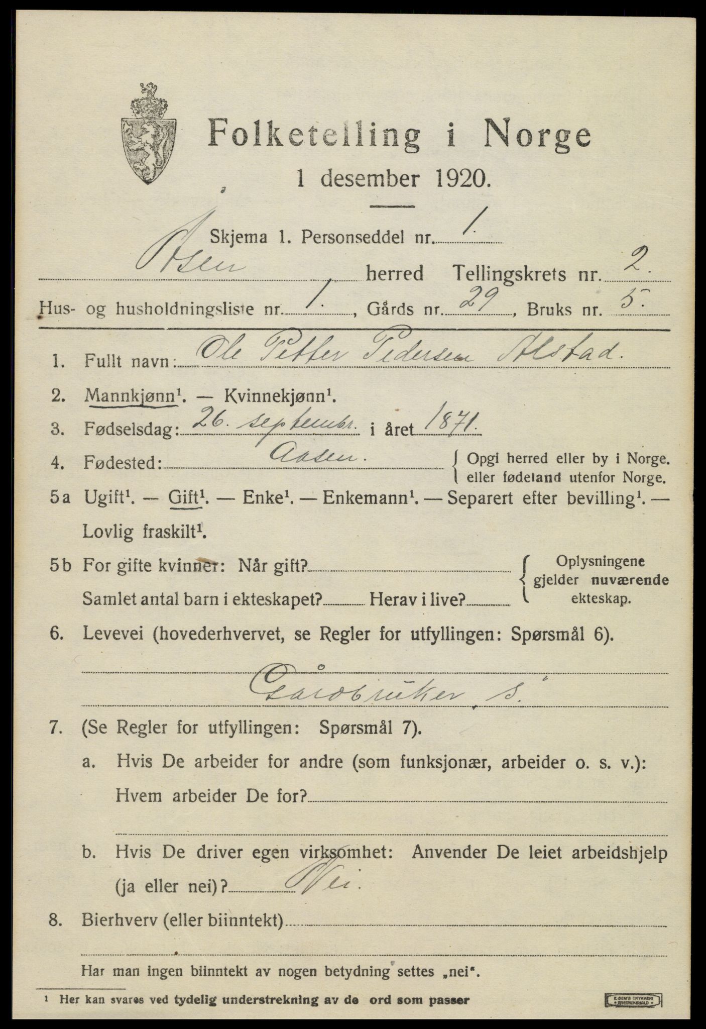 SAT, 1920 census for Åsen, 1920, p. 1708