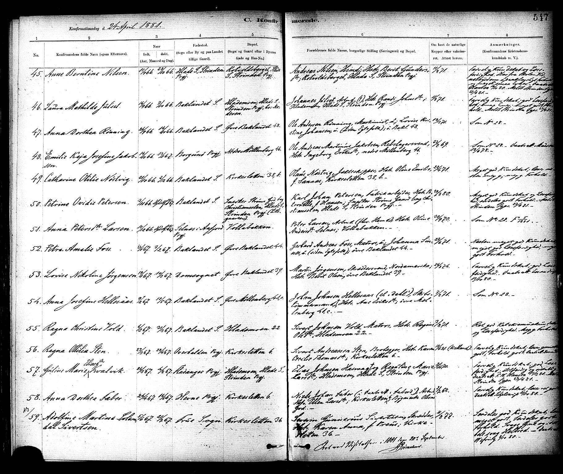 Ministerialprotokoller, klokkerbøker og fødselsregistre - Sør-Trøndelag, SAT/A-1456/604/L0188: Parish register (official) no. 604A09, 1878-1892, p. 547