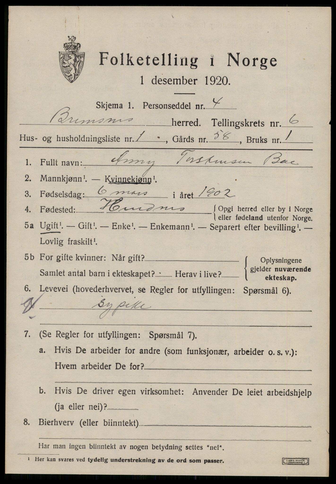 SAT, 1920 census for Bremsnes, 1920, p. 5151