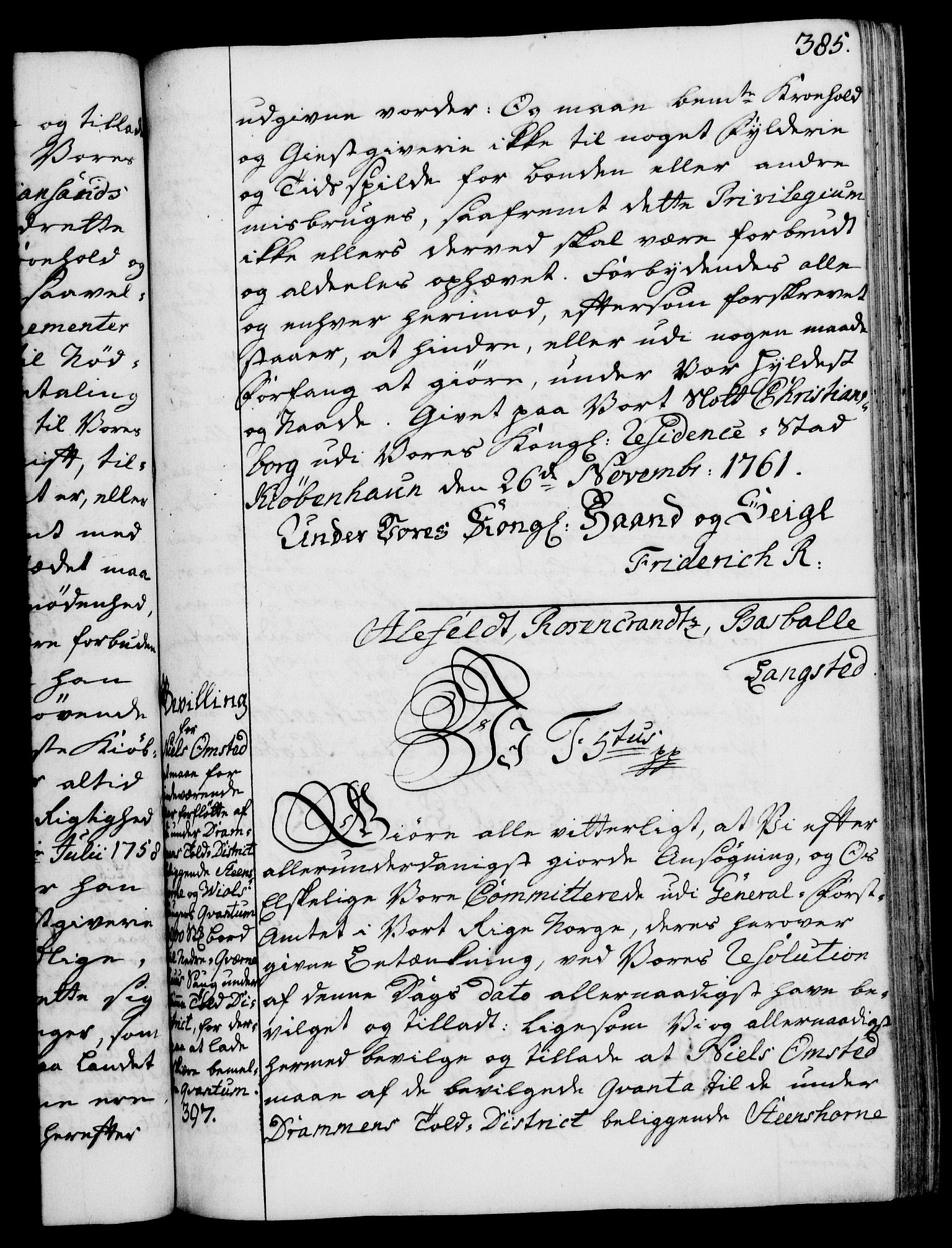 Rentekammeret, Kammerkanselliet, AV/RA-EA-3111/G/Gg/Gga/L0007: Norsk ekspedisjonsprotokoll med register (merket RK 53.7), 1759-1768, p. 385