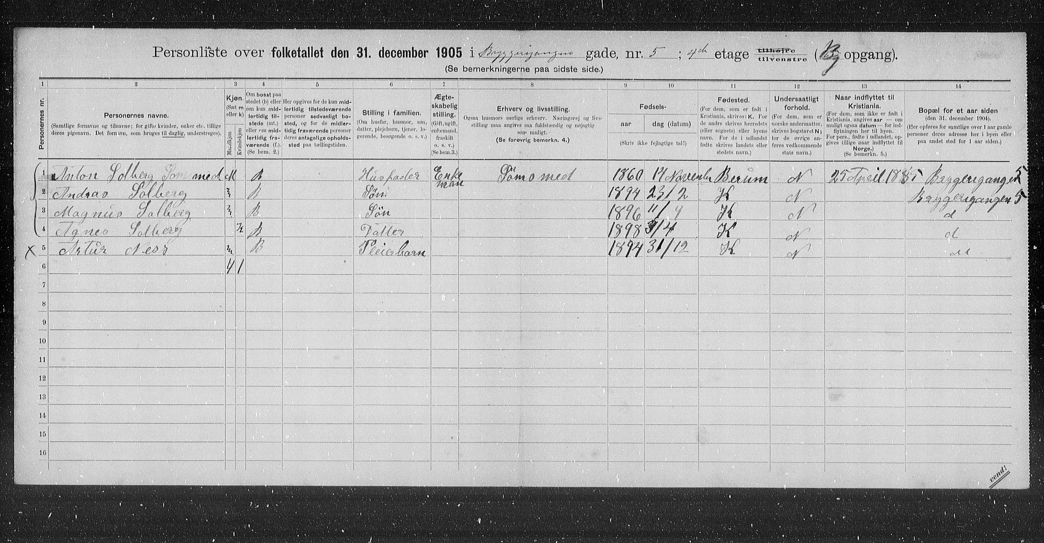 OBA, Municipal Census 1905 for Kristiania, 1905, p. 5240