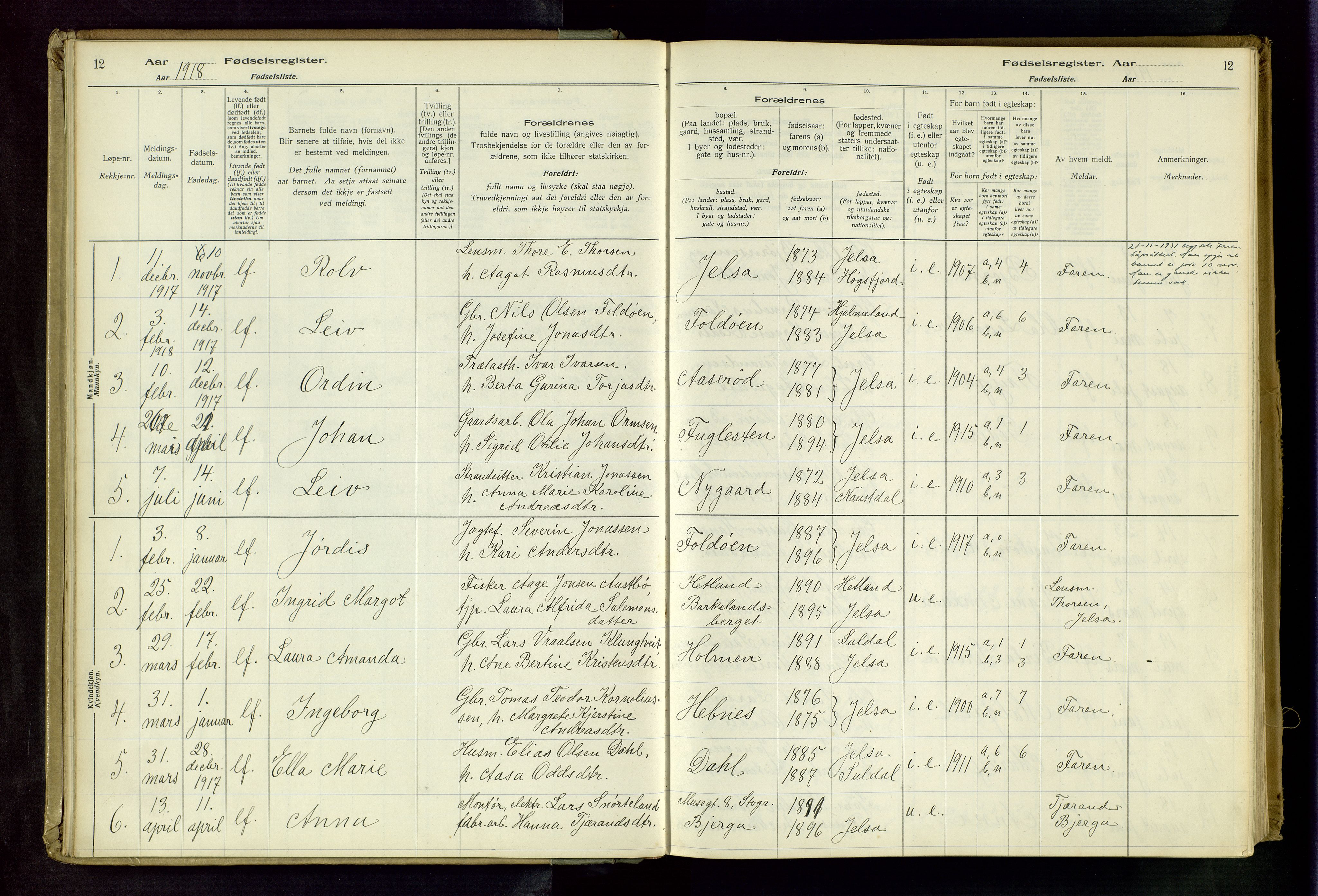 Jelsa sokneprestkontor, AV/SAST-A-101842/02/I: Birth register no. 13, 1916-1982, p. 12