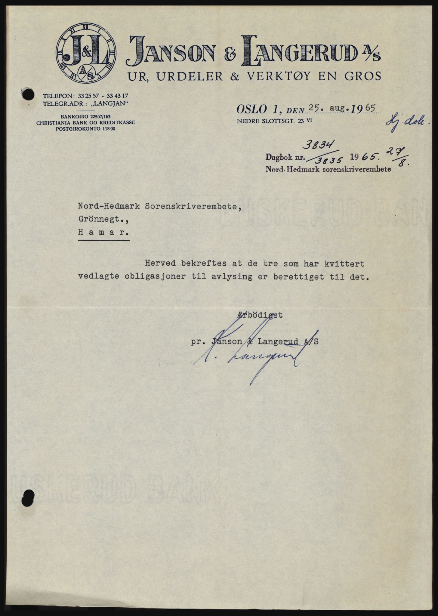 Nord-Hedmark sorenskriveri, SAH/TING-012/H/Hc/L0022: Mortgage book no. 22, 1965-1965, Diary no: : 3834/1965