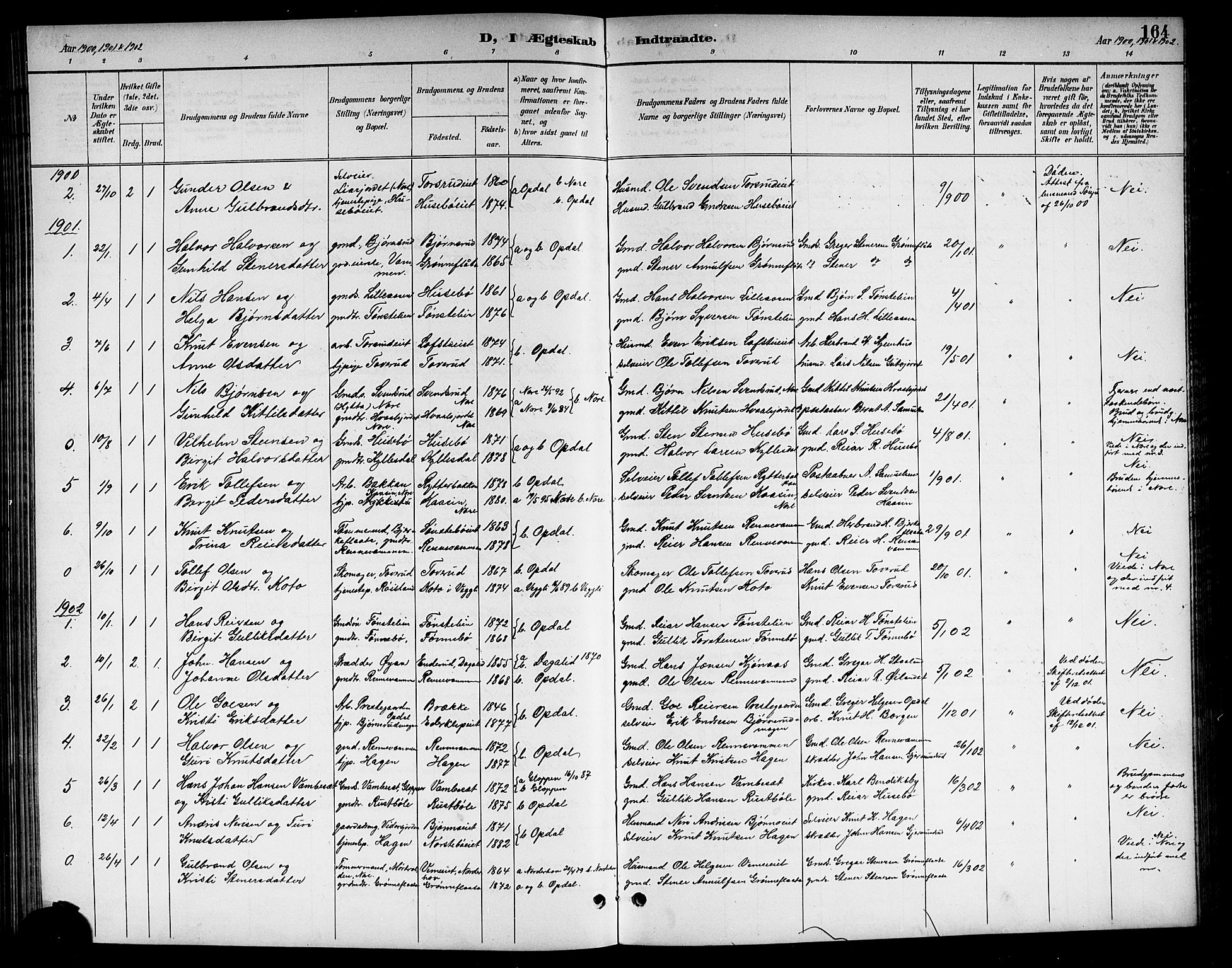 Nore kirkebøker, AV/SAKO-A-238/G/Gb/L0003: Parish register (copy) no. II 3, 1894-1923, p. 164