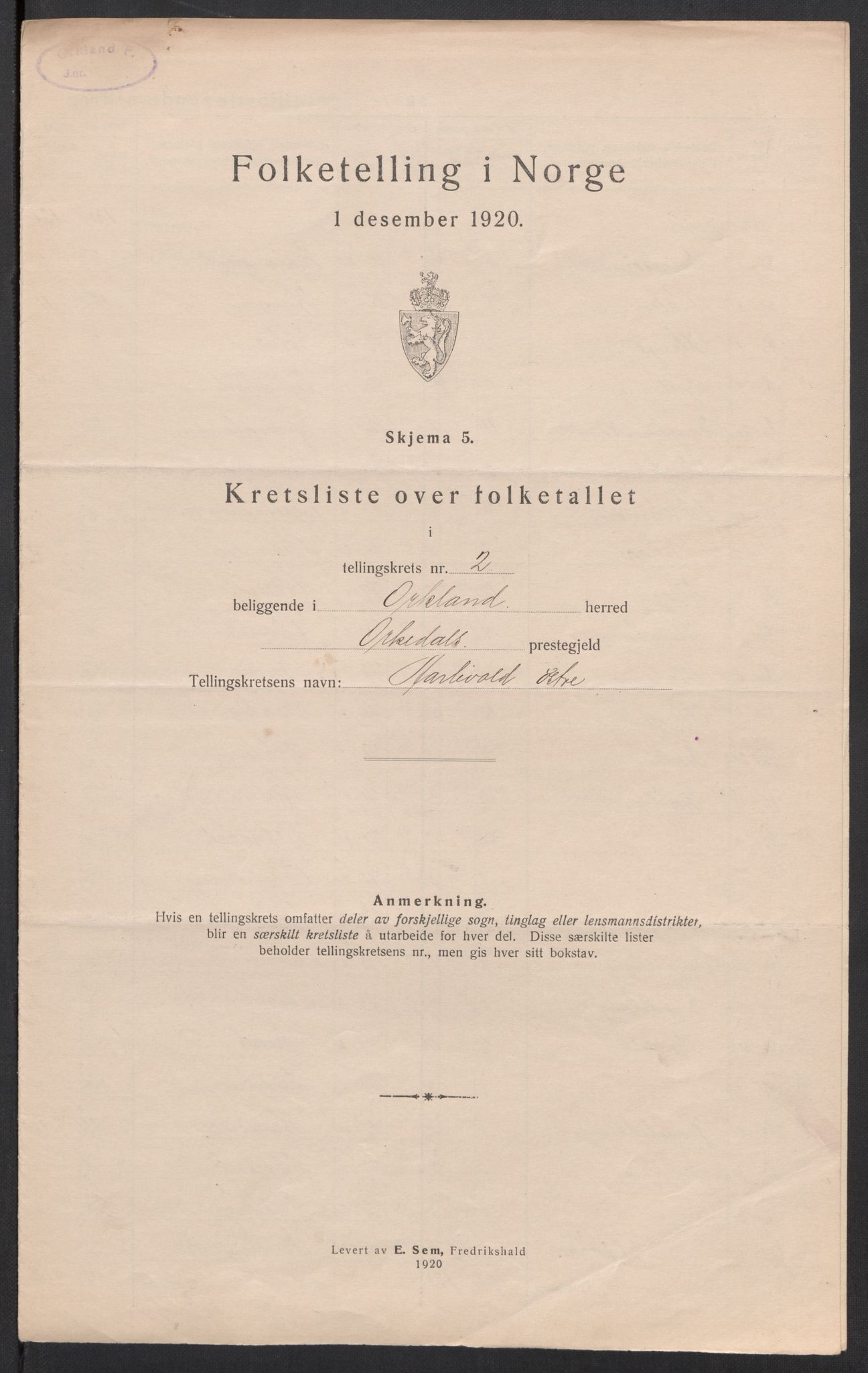 SAT, 1920 census for Orkland, 1920, p. 10