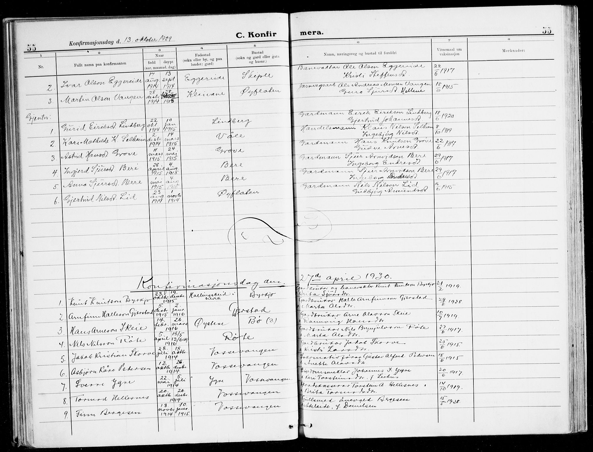 Voss sokneprestembete, SAB/A-79001/H/Haa: Parish register (official) no. B 3, 1922-1942, p. 55