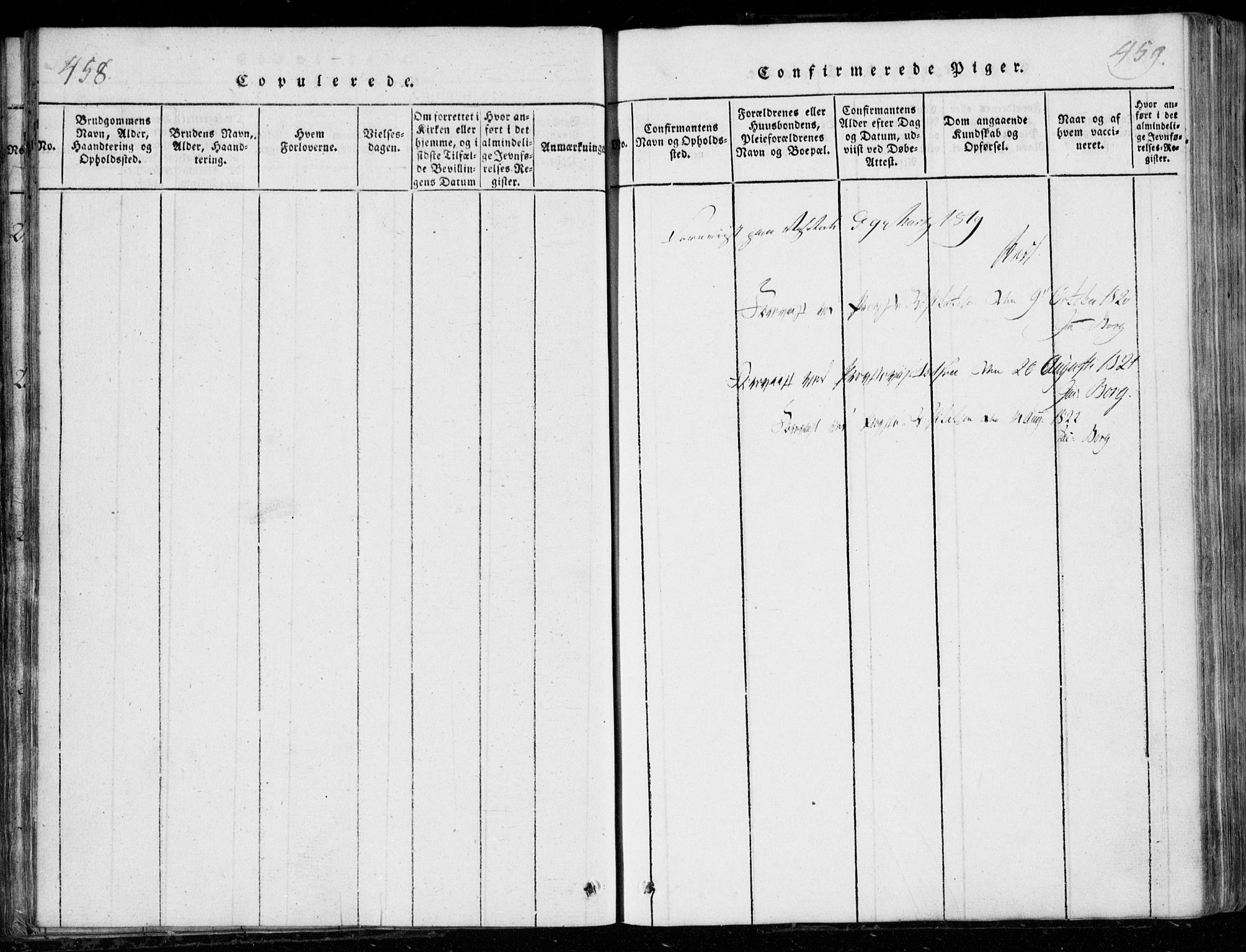 Modum kirkebøker, SAKO/A-234/G/Ga/L0001: Parish register (copy) no. I 1, 1818-1824, p. 458-459